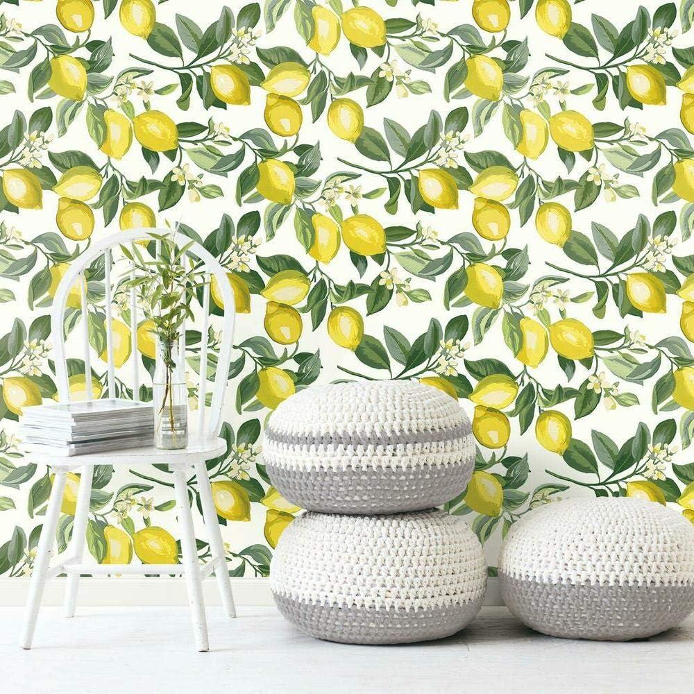 RoomMates Lemon Zest Peel and Stick Wallpaper Yellow/White: Removable Vinyl Botanical Fruit Pattern, Self-Adhesive, 28.2 Sq Ft Coverage