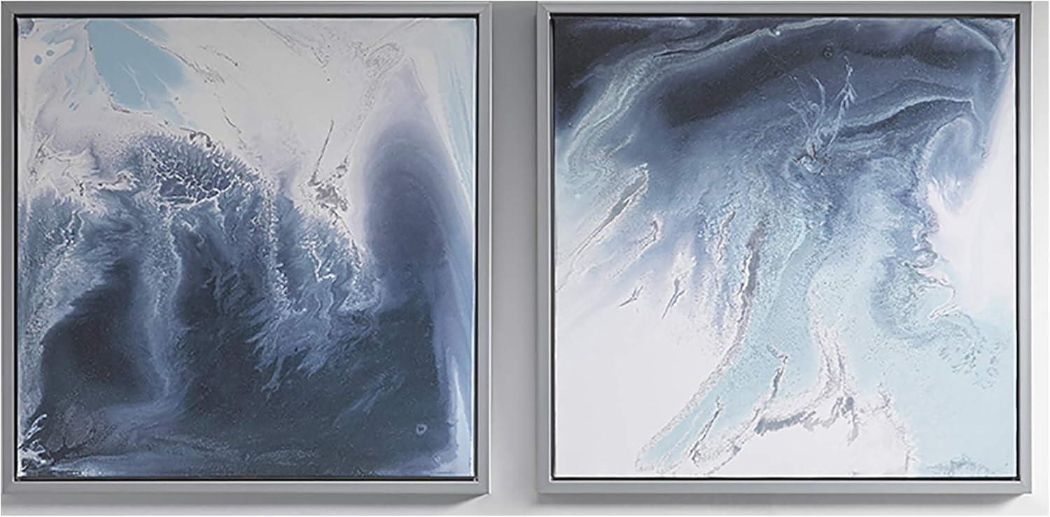 Blue Lagoon Abstract Gel Coat Canvas Wall Art Set with Silver Frame