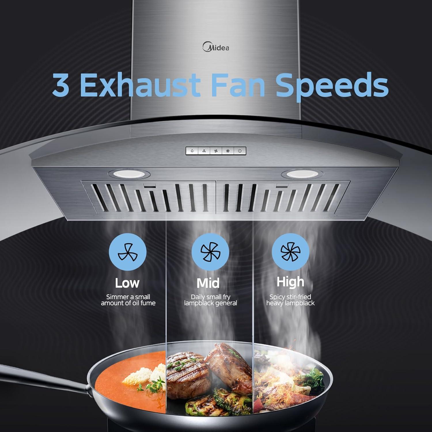 Midea 30"Range Hood, 450 CFM, 3 Speed Fan,Curved Glass, 2 LED Lights, Convertible to Ductless