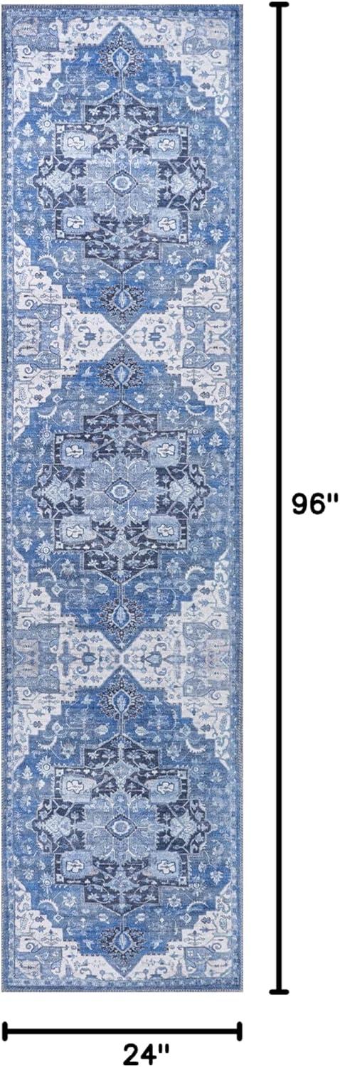 2' x 8' Maris Ornate Medallion Machine Washable Indoor/Outdoor Runner Rug, Blue/Navy - JONATHAN Y