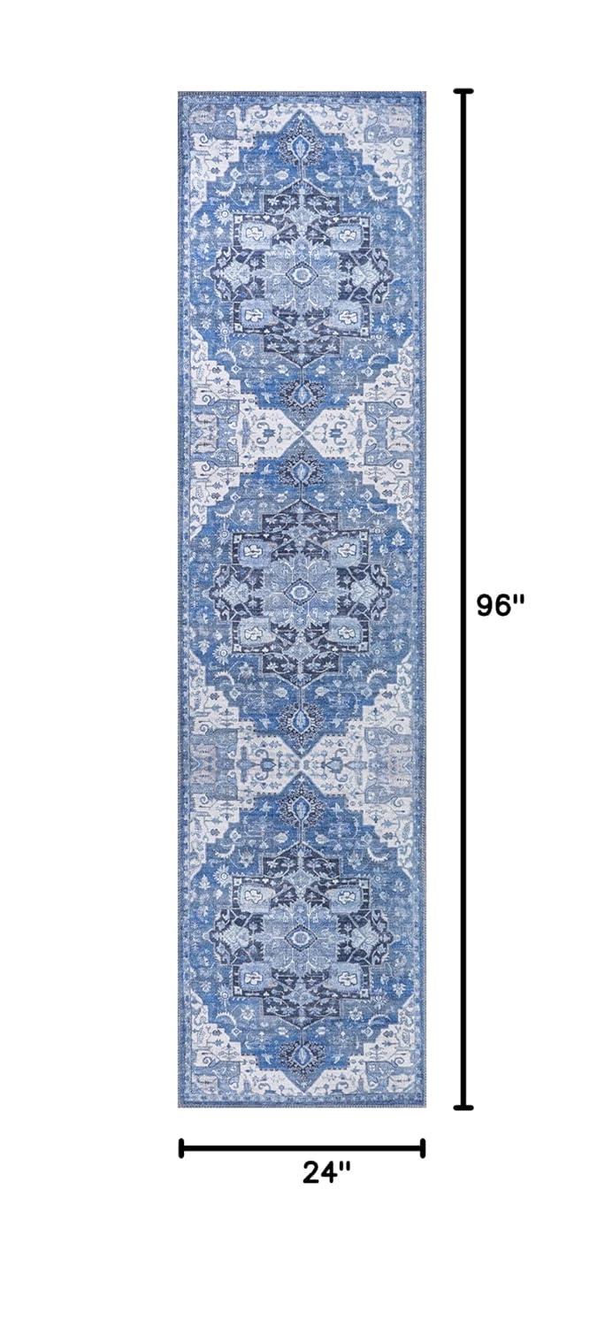 2' x 8' Maris Ornate Medallion Machine Washable Indoor/Outdoor Runner Rug, Blue/Navy - JONATHAN Y