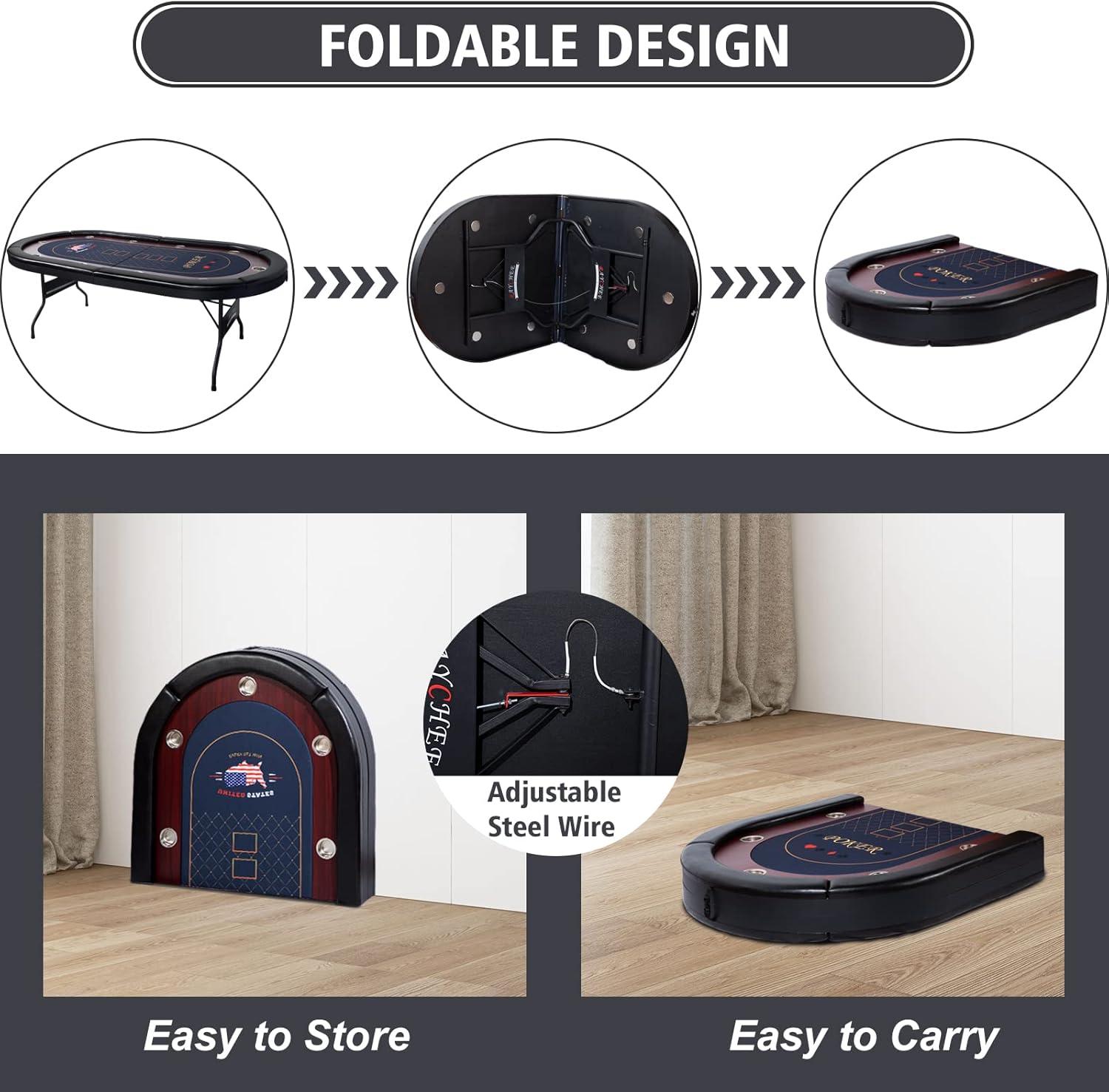 RayChee 86" Folding 10 Player Poker Table, Foldable Texas Holdem Table for Game Room with Padded Rails and Cup Holders, No Assembly Required