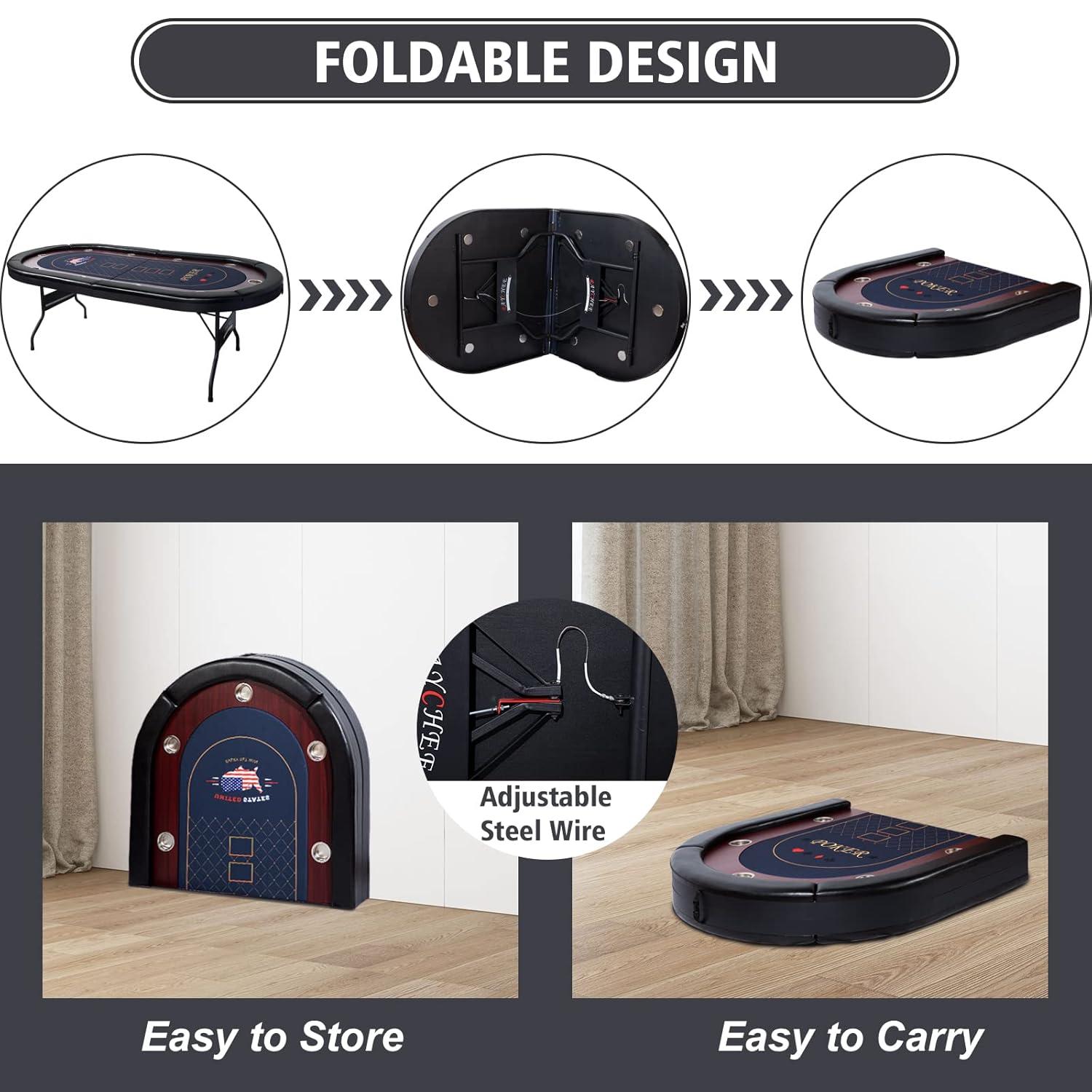 RayChee 86" Folding 10 Player Poker Table, Foldable Texas Holdem Table for Game Room with Padded Rails and Cup Holders, No Assembly Required