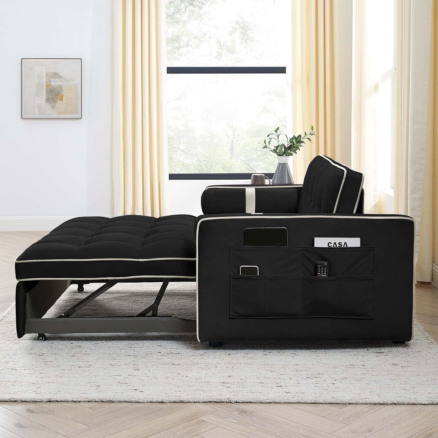 3 in 1 Convertible Sleeper Sofa Bed,55" Modern Velvet Sofa Couch Bed with 2 Lumbar Pillows and Adjsutable Backrest,2 Seater Loveseats Sofa for Apartment Office Living Room,Black