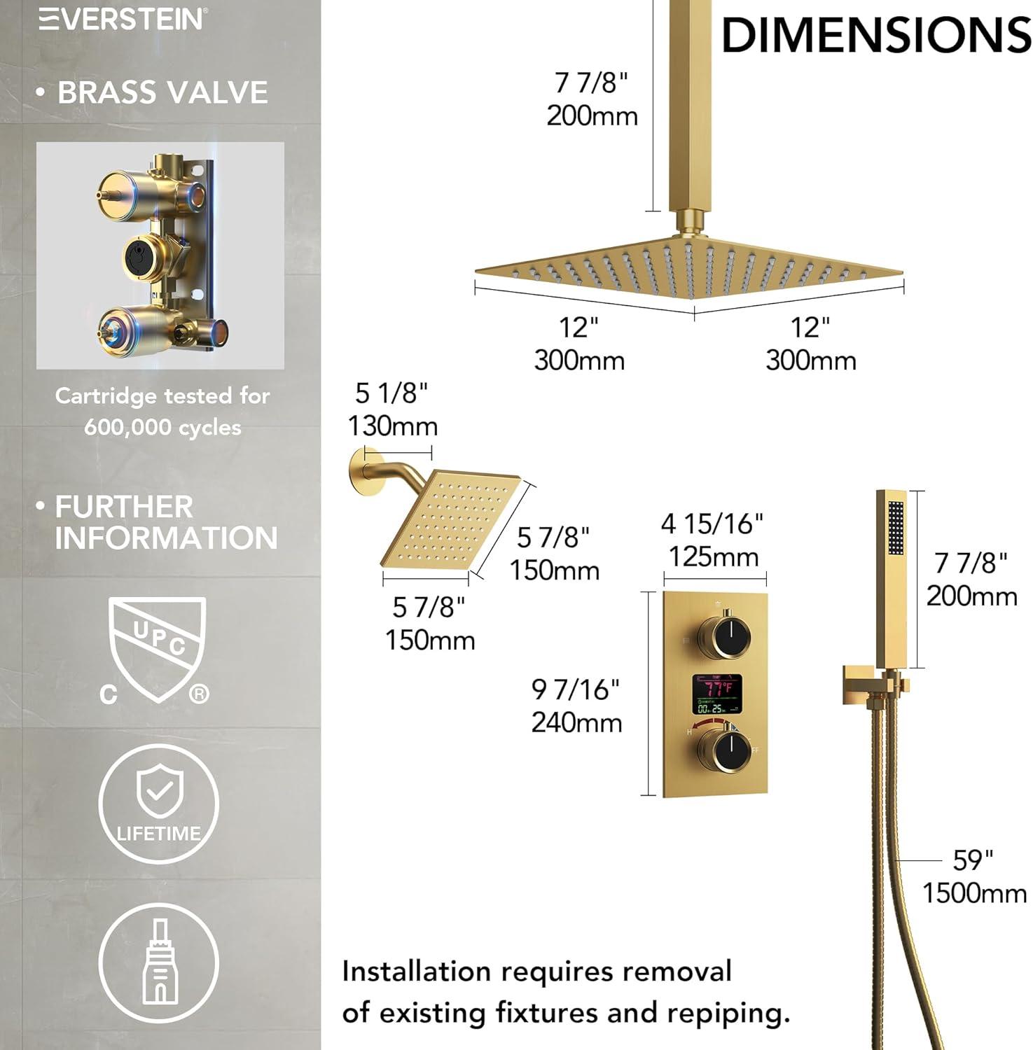 Pressure Balancing Shower Faucet 12" High-Pressure Dual Showerheads with LCD Display