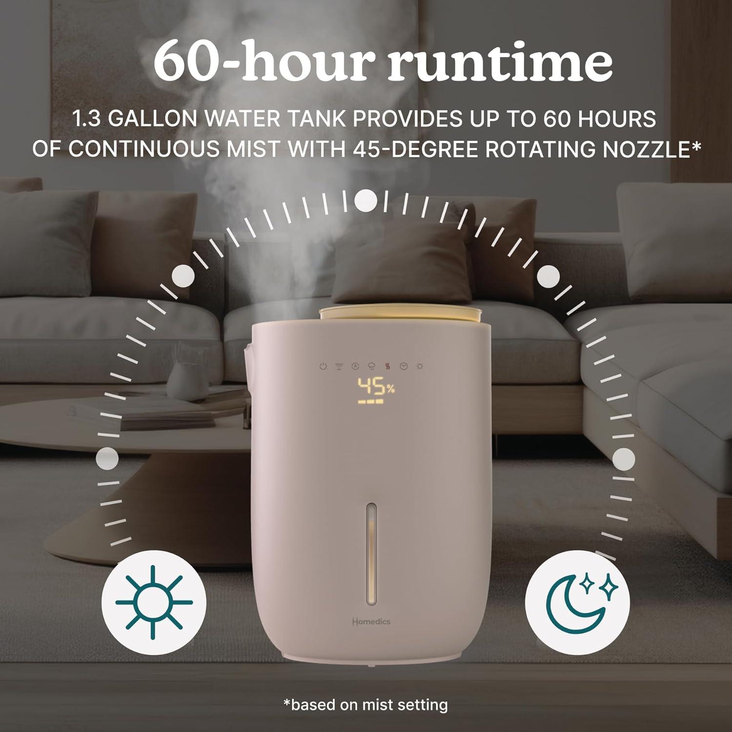 HoMedics Top-Fill Easy to Clean Warm/Cool Mist Ultrasonic Humidifier with Small Planter and Aromatherapy: 1.3 Gal, 60 Hr Run, No Filter