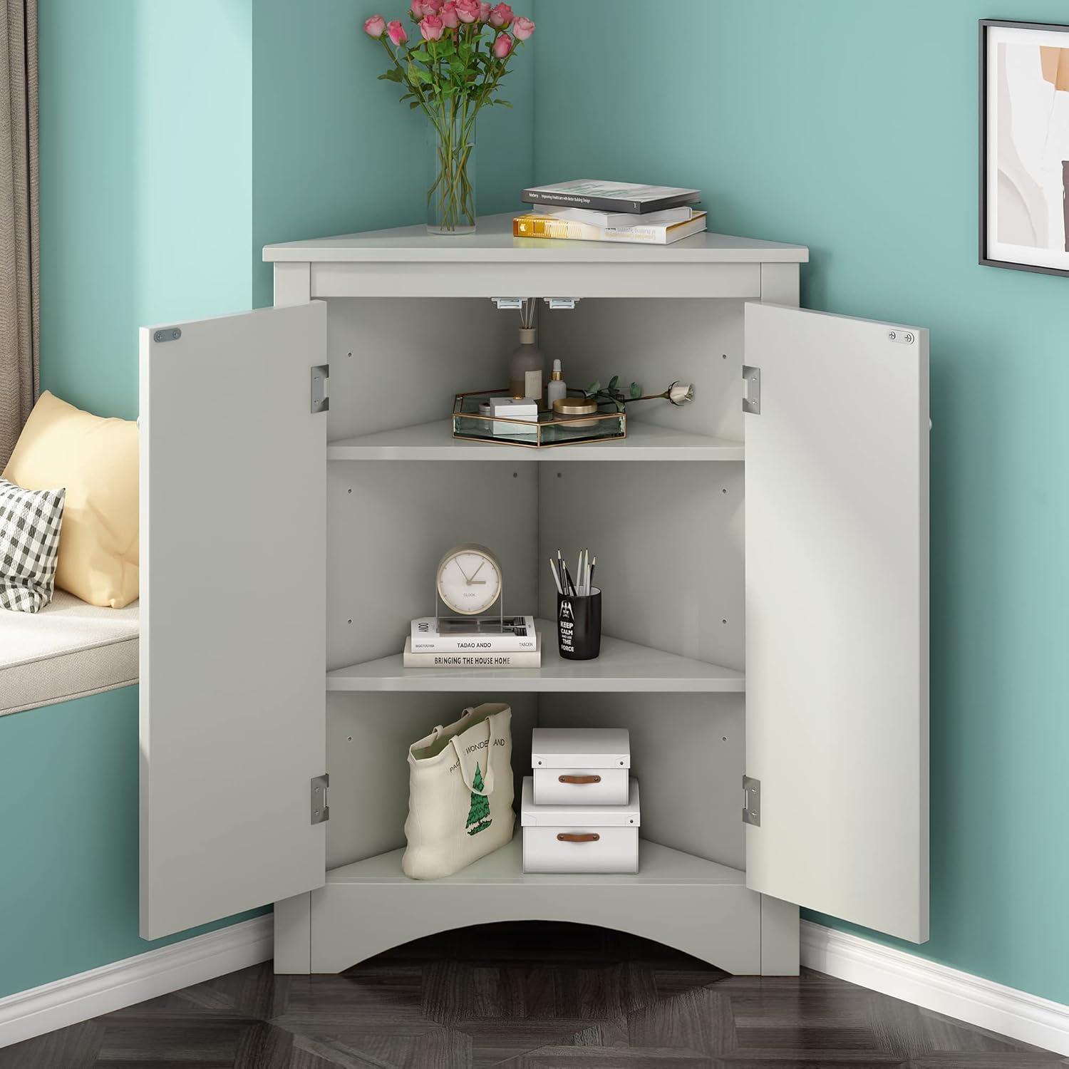 Corner Storage Cabinet with 2 Doors and Shelves, Freestanding Floor Cabinet Bathroom Corner Cabinets for Home Kitchen, Bathroom Grey