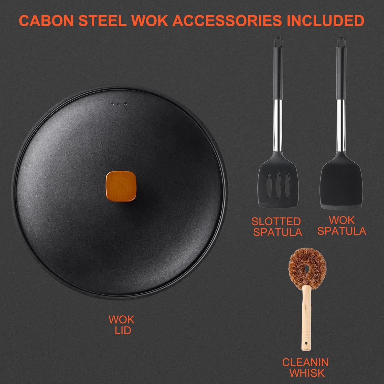 Carbon Steel Wok, 13 Inch Wok Pan with Lid and Spatula, Nonstick Woks and Stir-fry Pans, No Chemical Coated Flat Bottom Chinese Wok for Induction, Electric, Gas, All Stoves