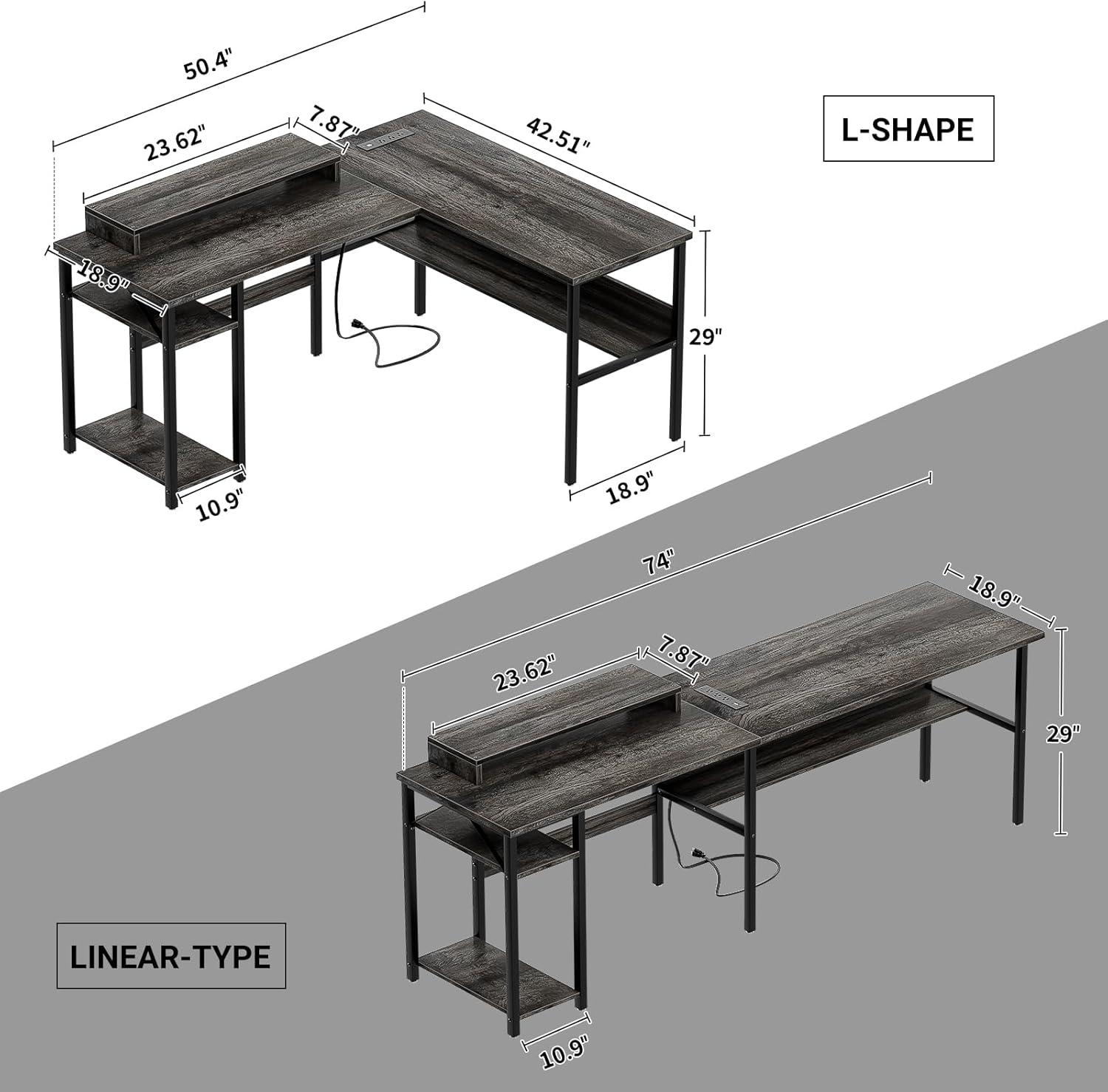 Unikito Reversible L Shaped Desk with Power Outlets and RGB LED Light, Sturdy Computer Desk with Ergonomic Monitor Stand and Storage Shelves, Corner Desk for Home Office, Easy Assembly, Black Oak