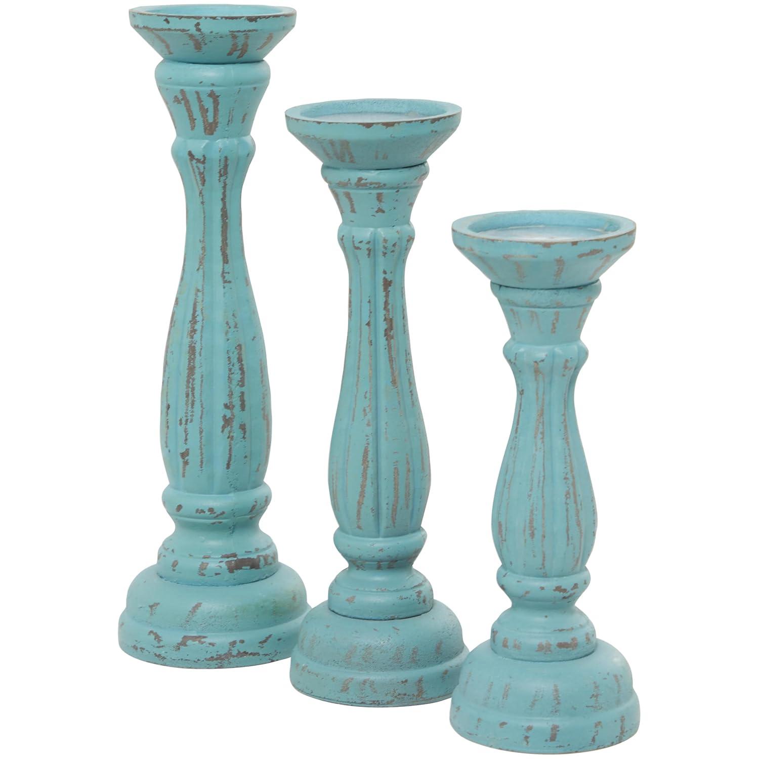 DecMode 3 Candle Blue Wooden Distressed Turned Pillar Candle Holder, Set of 3