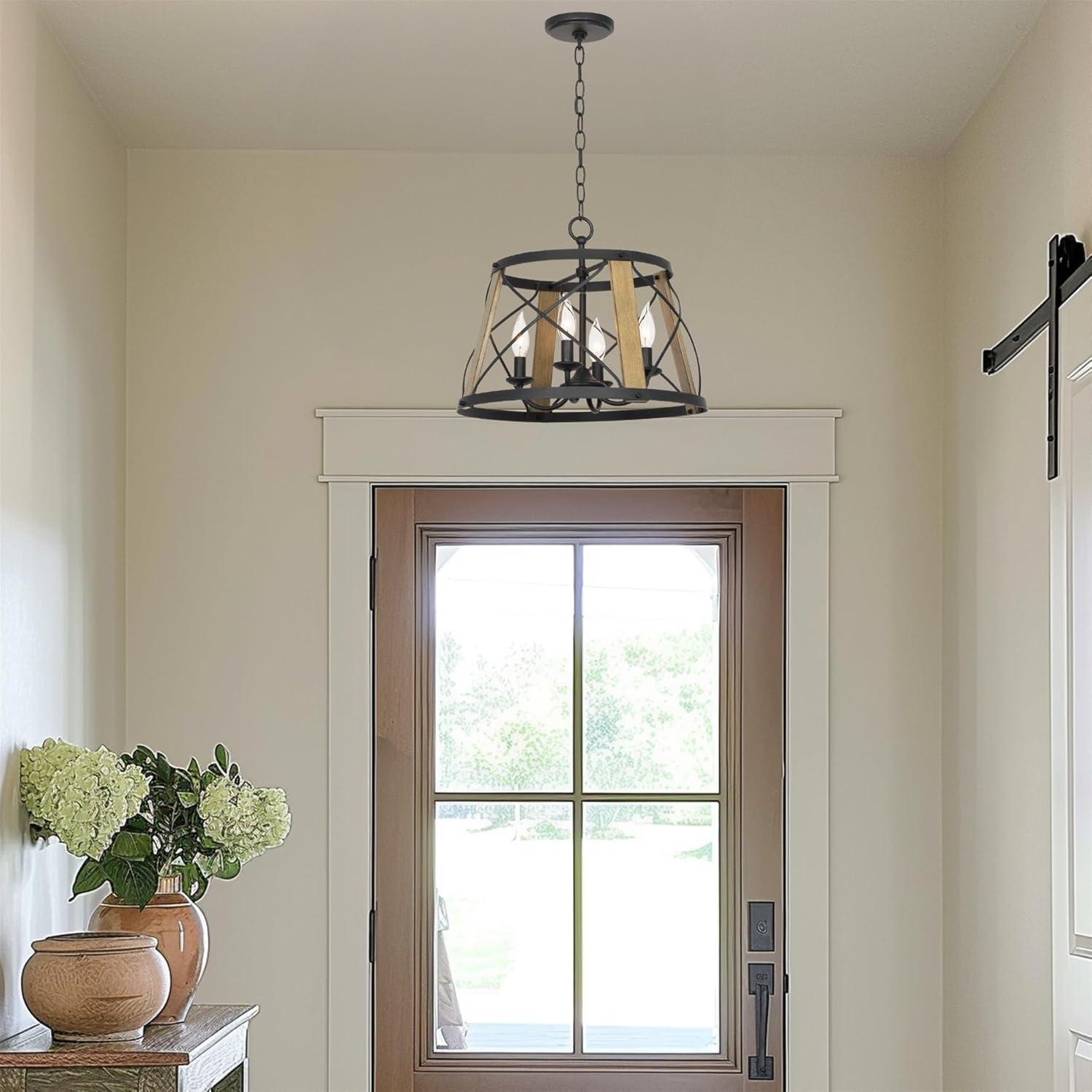 Kira Home Napa 18" Farmhouse Round Pendant Chandelier, Open Cage Design, Smoked Birch Wood, Perfect for Dining Rooms