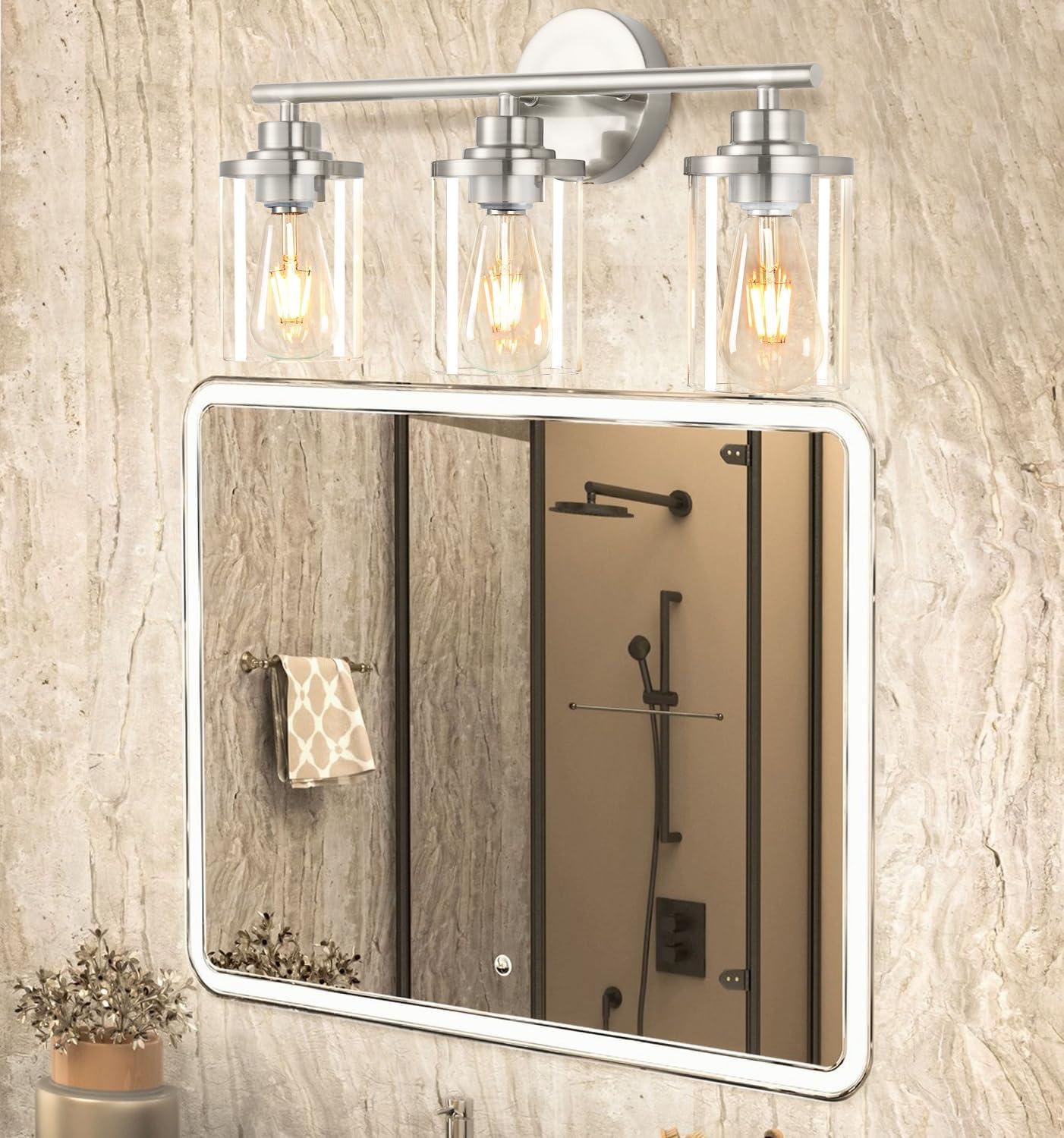 3-Light Bathroom Light Fixtures, Brushed Nickel Vanity Light, Farmhouse Wall Lights with Clear Glass Shade, Bathroom Wall Lamp for Mirror Kitchen Bedroom Hallway Living Room Hallway Cabinet