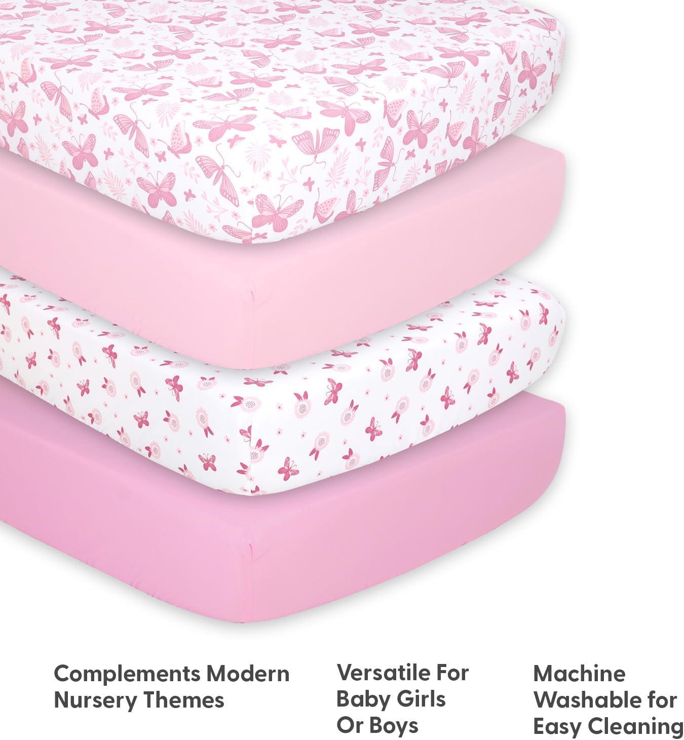 The Peanutshell Pink Butterfly 4-Pack Crib Fitted Sheet Set in Pink/White