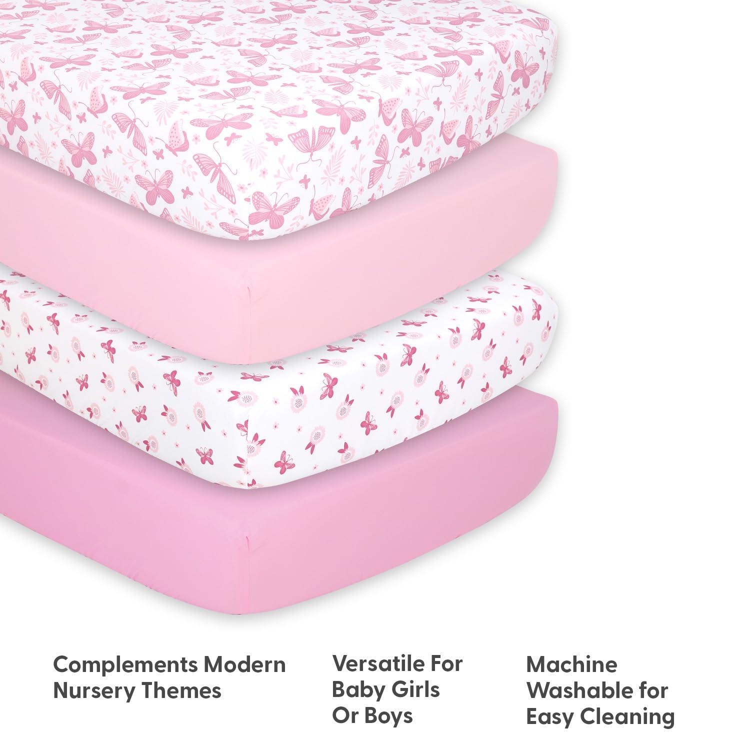 The Peanutshell Pink Butterfly 4-Pack Crib Fitted Sheet Set in Pink/White