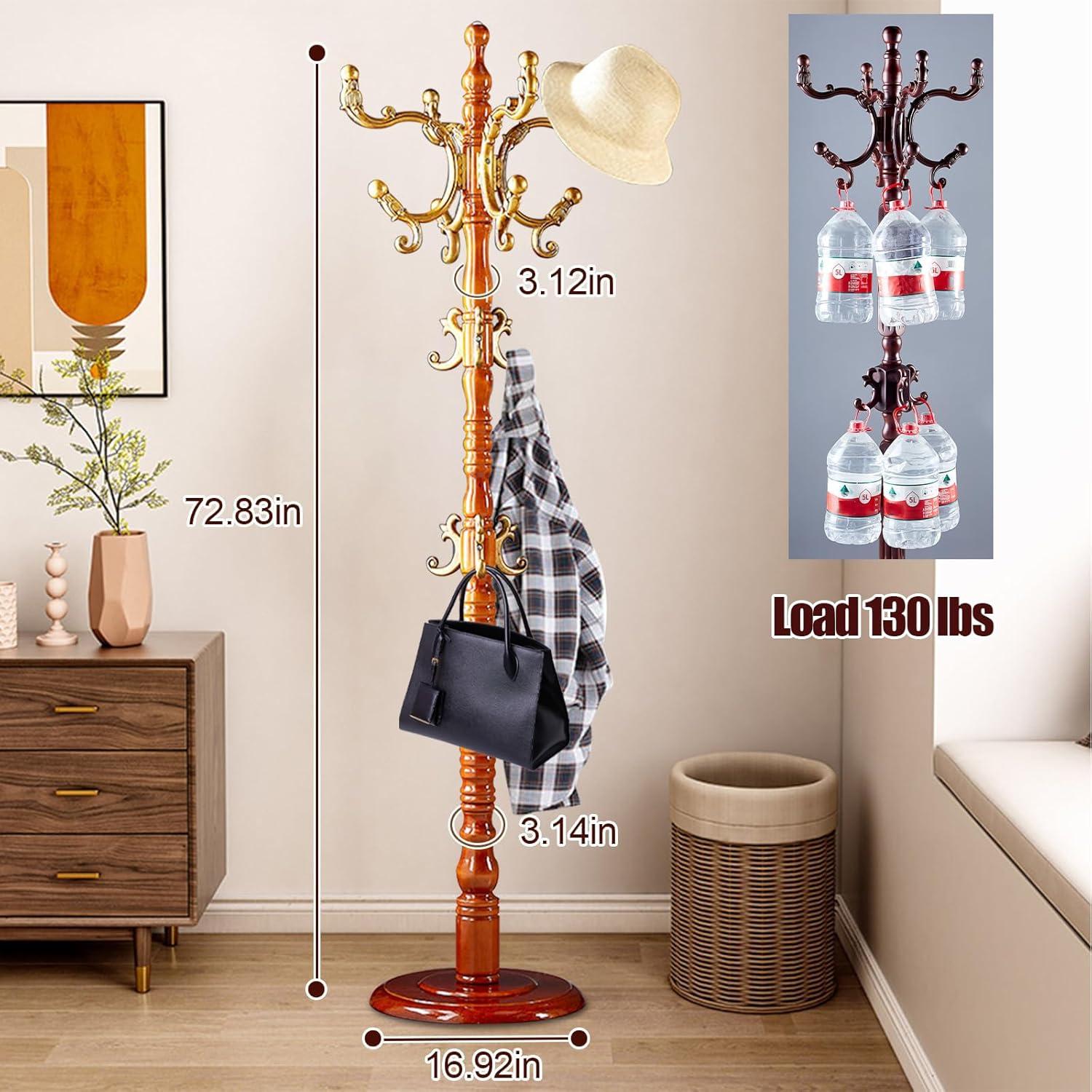 Red Barrel Studio® Wood Coat Rack Stand, Wooden Coat Rack Freestanding With Sturdy Round Base, Coat Racks With 14 Hooks, Natural Birch Wood Entryway Coat Tree Hanger Stand Easy To Assemble