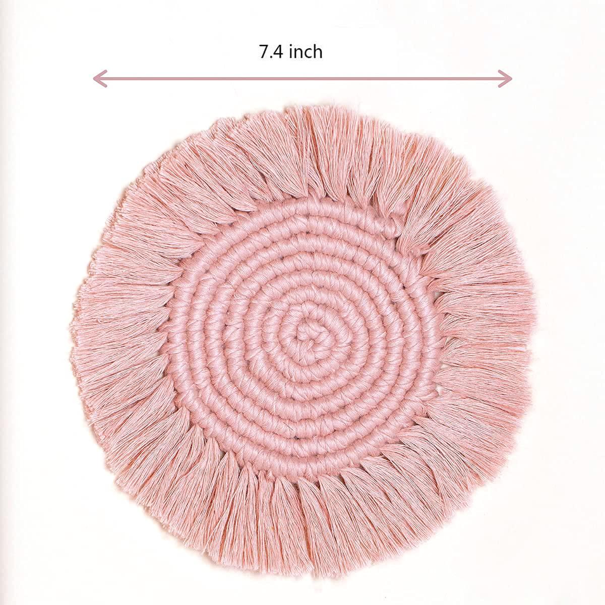 2 Posavasos Bohemios de Macramé para Bebidas, Posavasos Absorbentes con Borla, Posavasos Redondos de Algodón Hechos a Mano de 7 Pulgadas para Mesa de Escritorio, Cocina, Oficina, Hogar, Bar, Protección de Mesa, Regalo de Inauguración de la Casa, Rosa