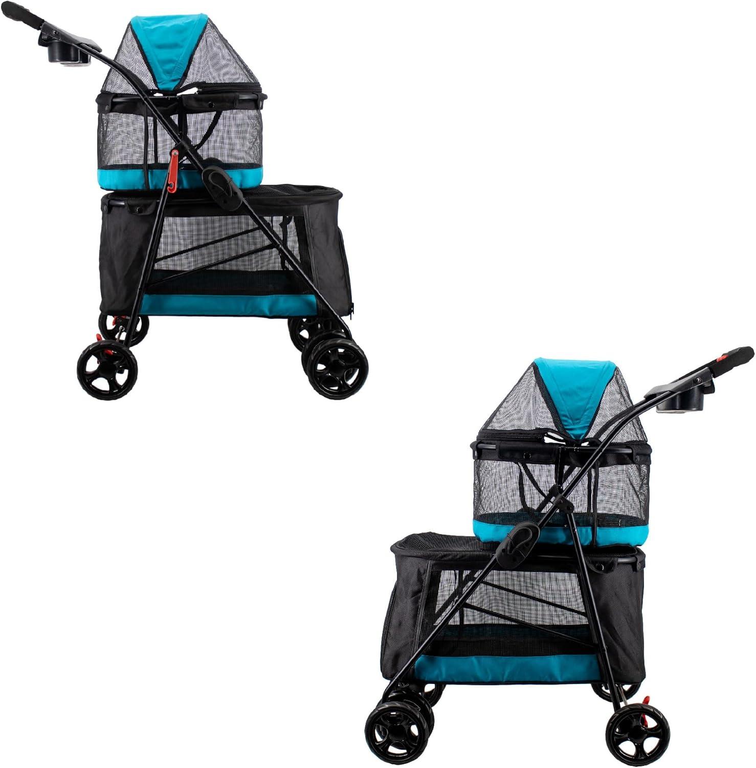 Teal Double Decker Pet Stroller with Mesh Windows