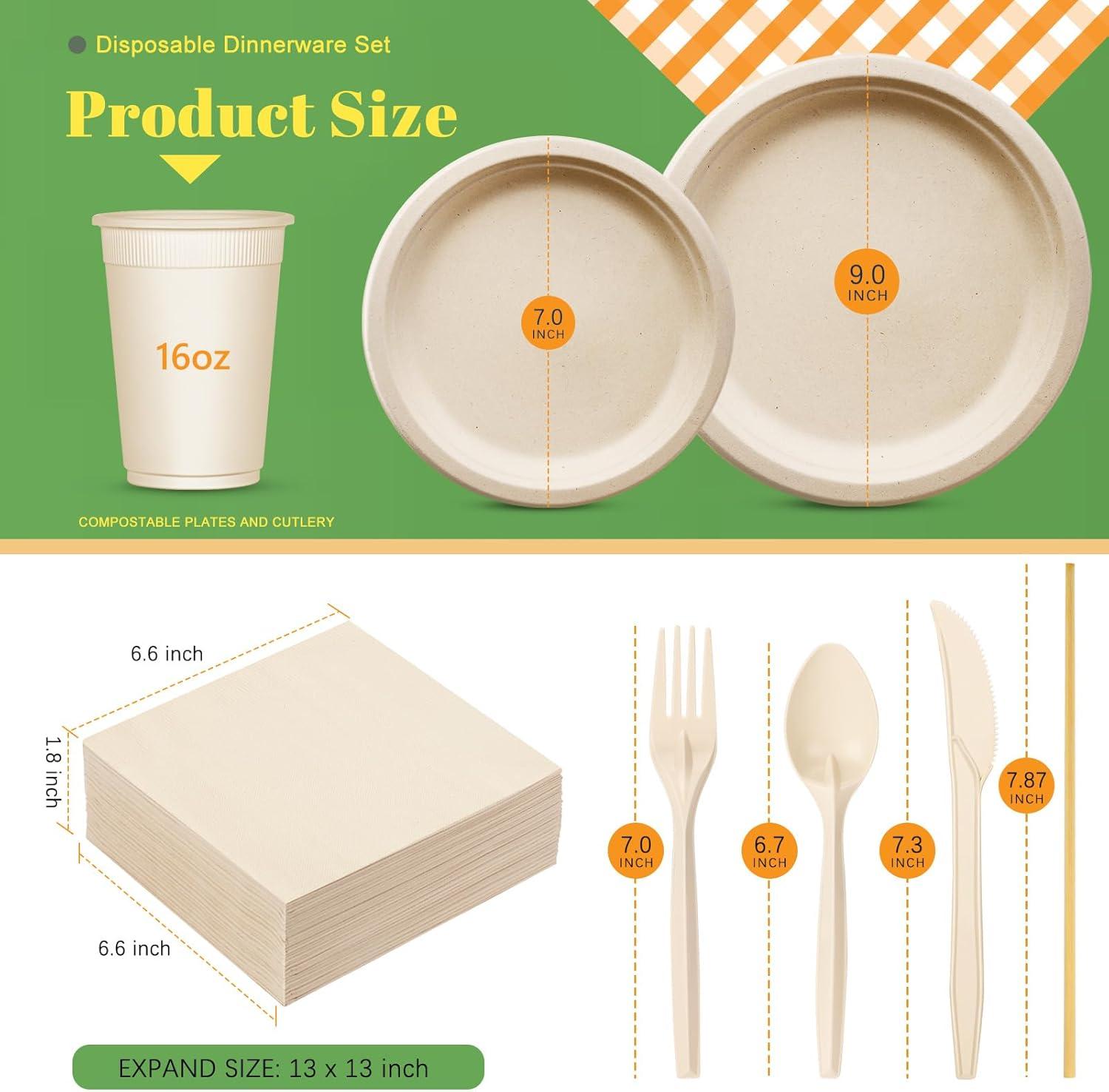 Gezond 400pcs Compostable Paper Plates Set, Eco-Friendly Disposable Paper Plates and Cutlery- Biodegradable Plates Forks Knives Spoons Cups Straws and Paper Napkins, 50 Guests