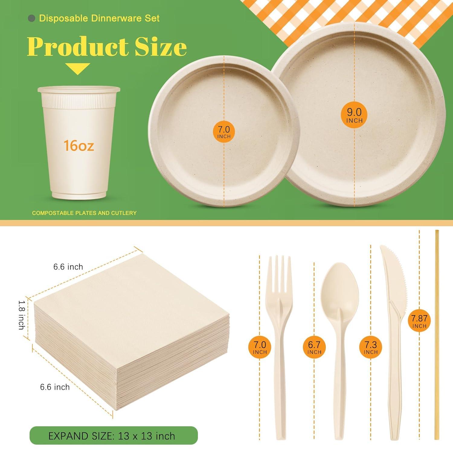 Gezond 400pcs Compostable Paper Plates Set, Eco-Friendly Disposable Paper Plates and Cutlery- Biodegradable Plates Forks Knives Spoons Cups Straws and Paper Napkins, 50 Guests
