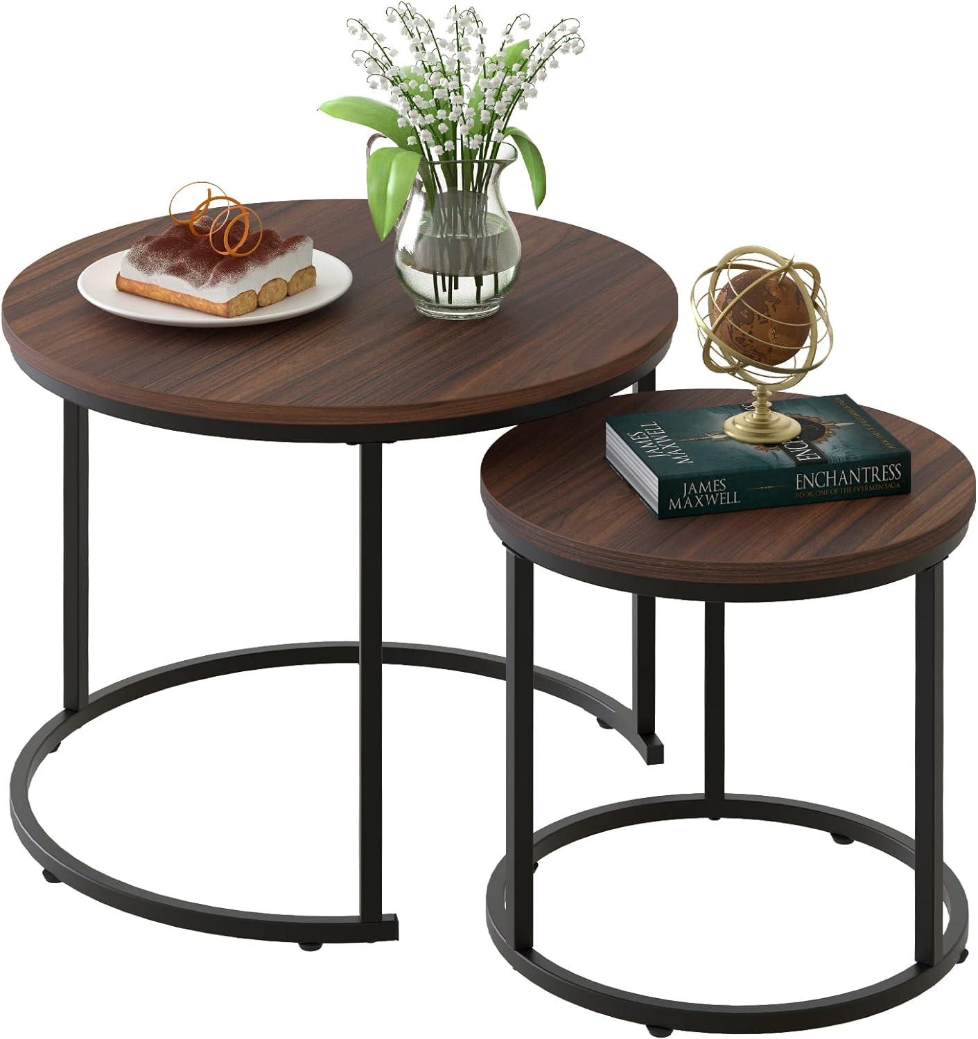 Round Wood Nesting Coffee Table Set with Metal Frame