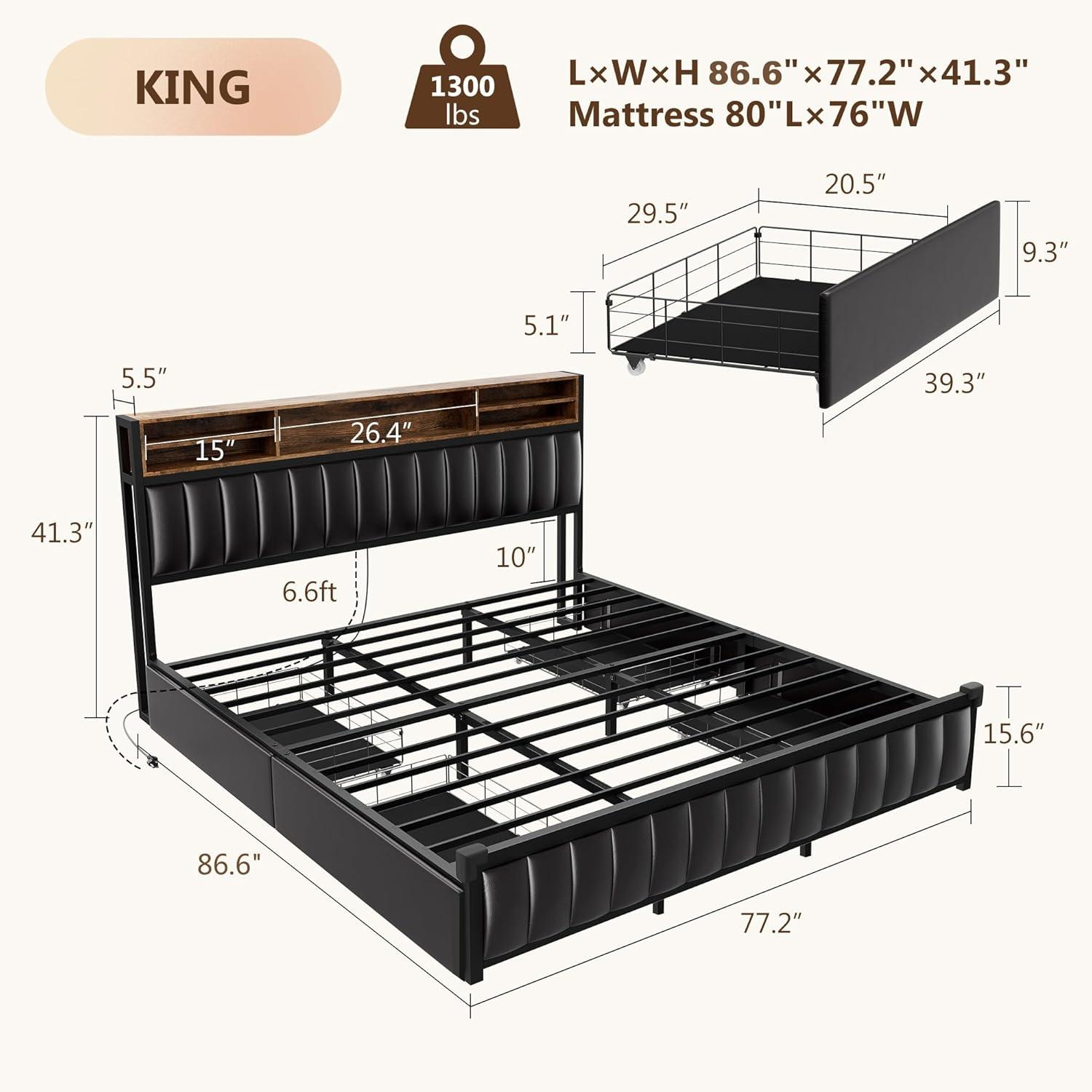Kanchi Upholstered Metal Platform LED Bed Frame with 4 Storage Drawers and Bookcase Headboard, Black