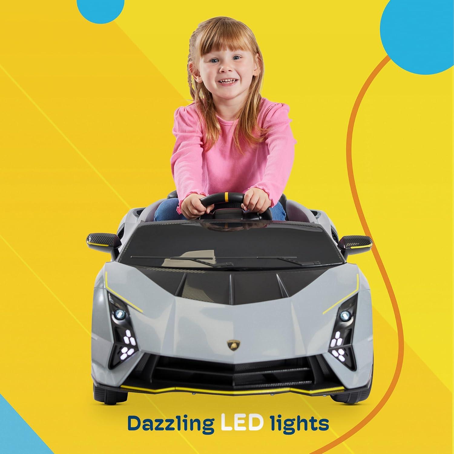 Kidzone 12V Ride On Car, Licensed Lamborghini Autentica Electric Vehicle Toy for 3-6 Years Kids & Toddler, Battery Powered Sports Car w/2 Speed, Parent Control, Bluetooth, Spring Suspension - White