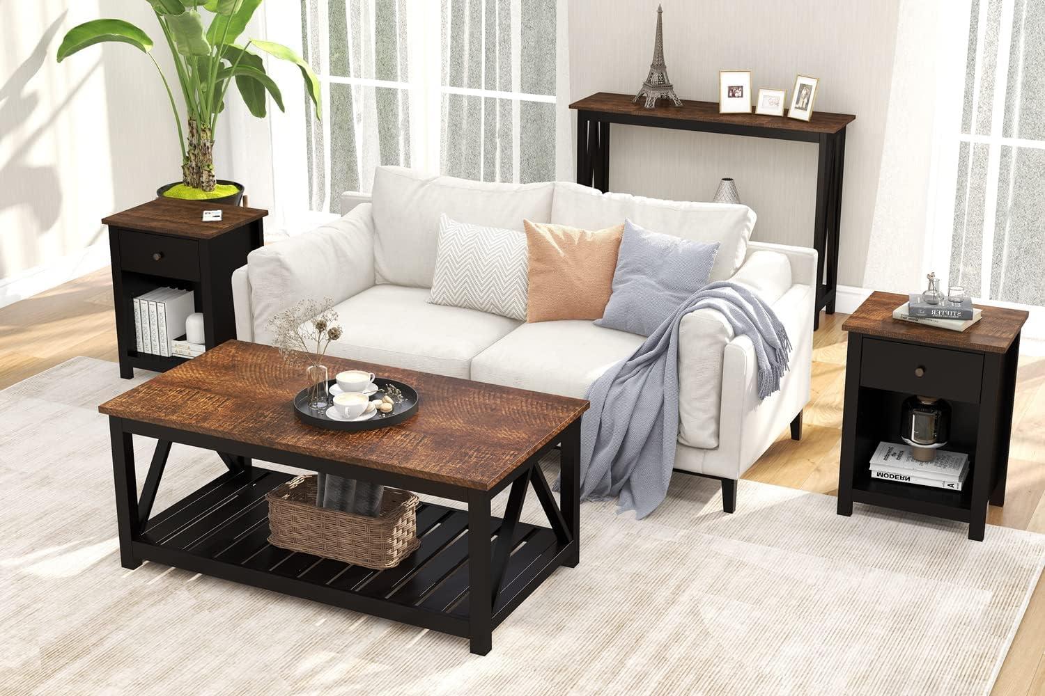 Rustic Brown and Black Wood Coffee Table with Shelf