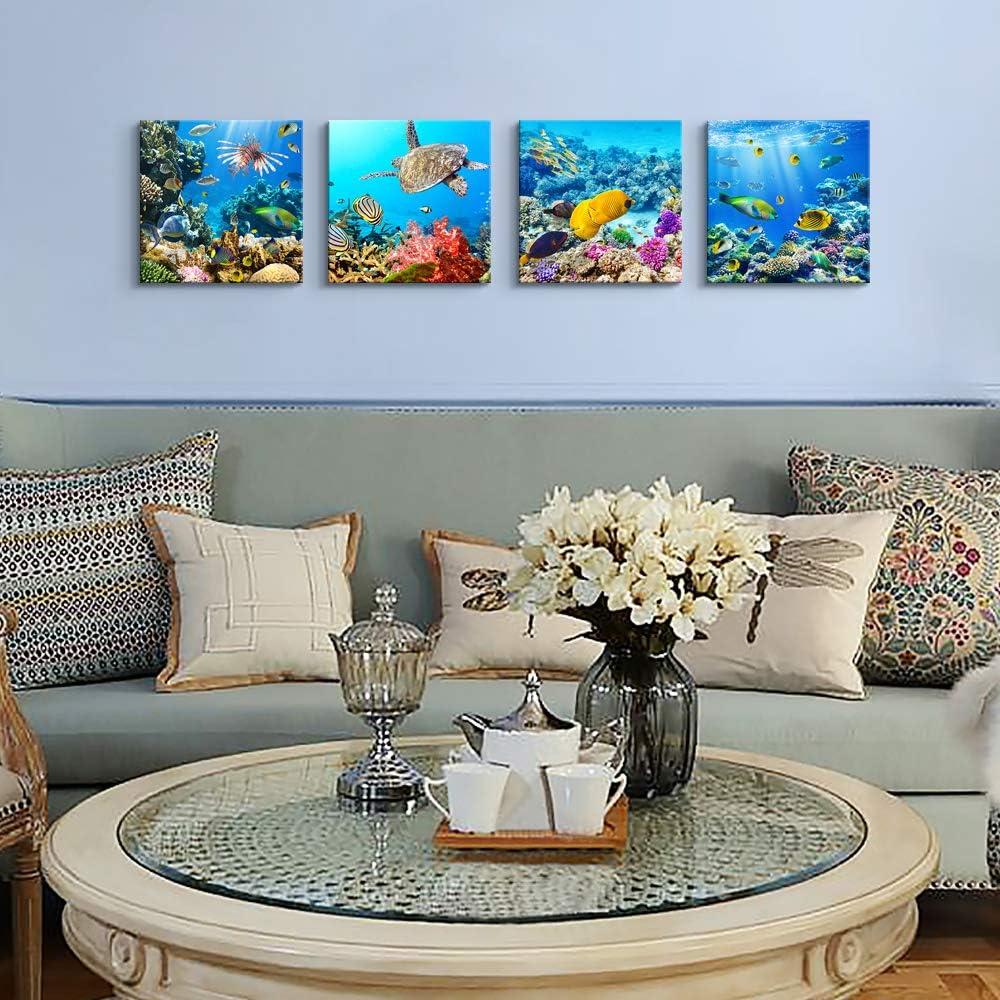 Bathroom Wall Decor Canvas wall art for living room Coral and Fish Modern Home Decor 4 Panels Stretched and Framed Ready to Hang blue Ocean Theme Sea Fish and sea Turtles undersea world Canvas Prints