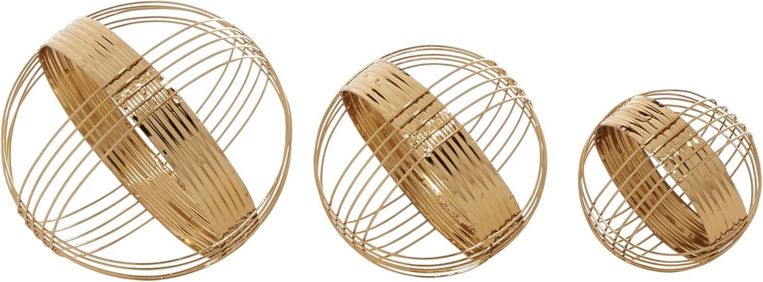 Gold Metal Geometric Wire Orb Sculptures, Set of 3