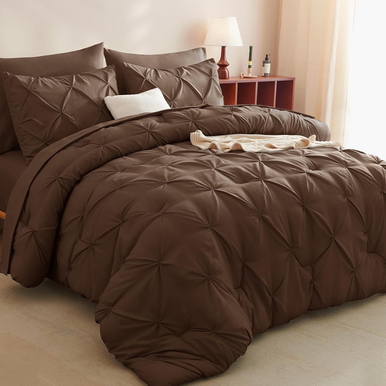 Queen Size Brown Comforter Set - 7 Piece Pintuck Bed in a Bag with All-Season Comforter, Pinch Pleat Bedding, Flat Sheet, Fitted Sheet, and Pillowcases & Shams