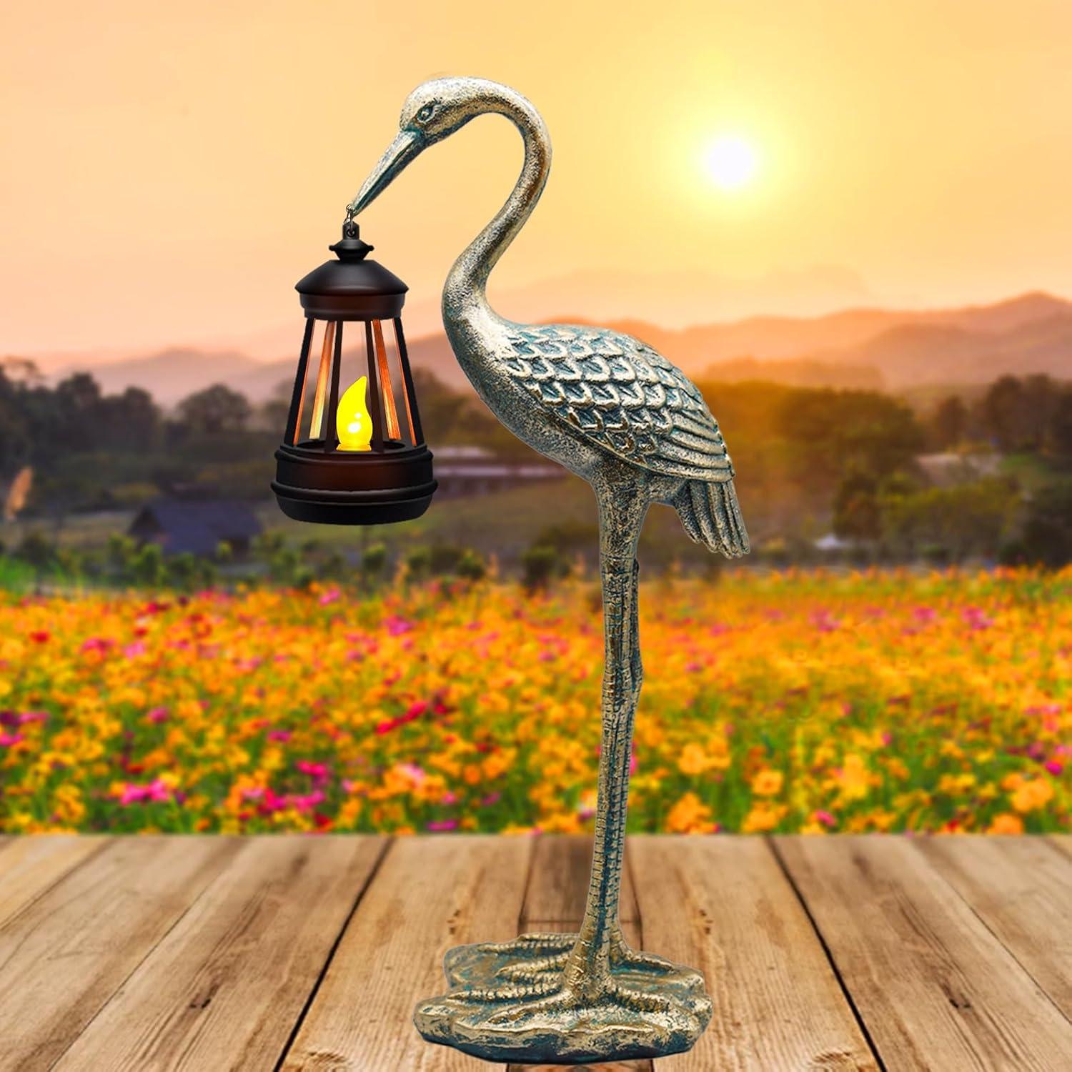 Solar Blue Heron Garden Statue with Hanging Lantern