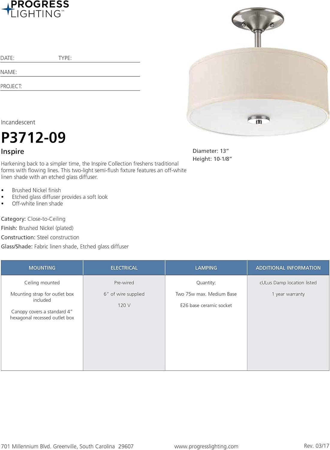 Progress Lighting, Inspire Collection, 2-Light Semi-Flush Mount, Brushed Nickel, Linen Shade