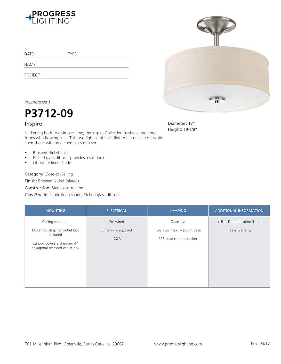 Progress Lighting, Inspire Collection, 2-Light Semi-Flush Mount, Brushed Nickel, Linen Shade