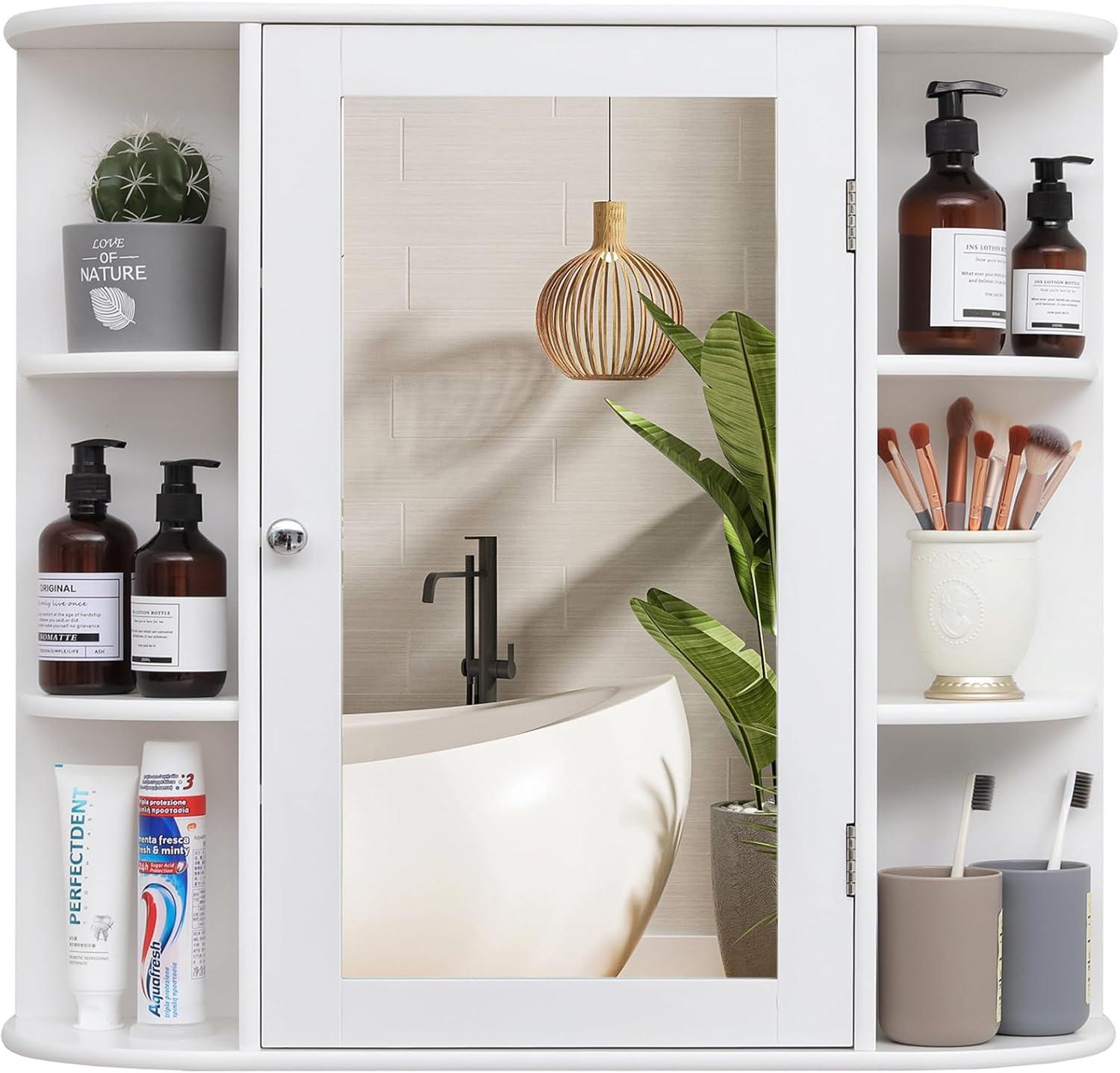 Wall Mounted Cabinet, Wood Hanging Cabinet with Doors and 6 Open Shelves for Placing Towels, Bathroom Wall Mirror Cabinet, White