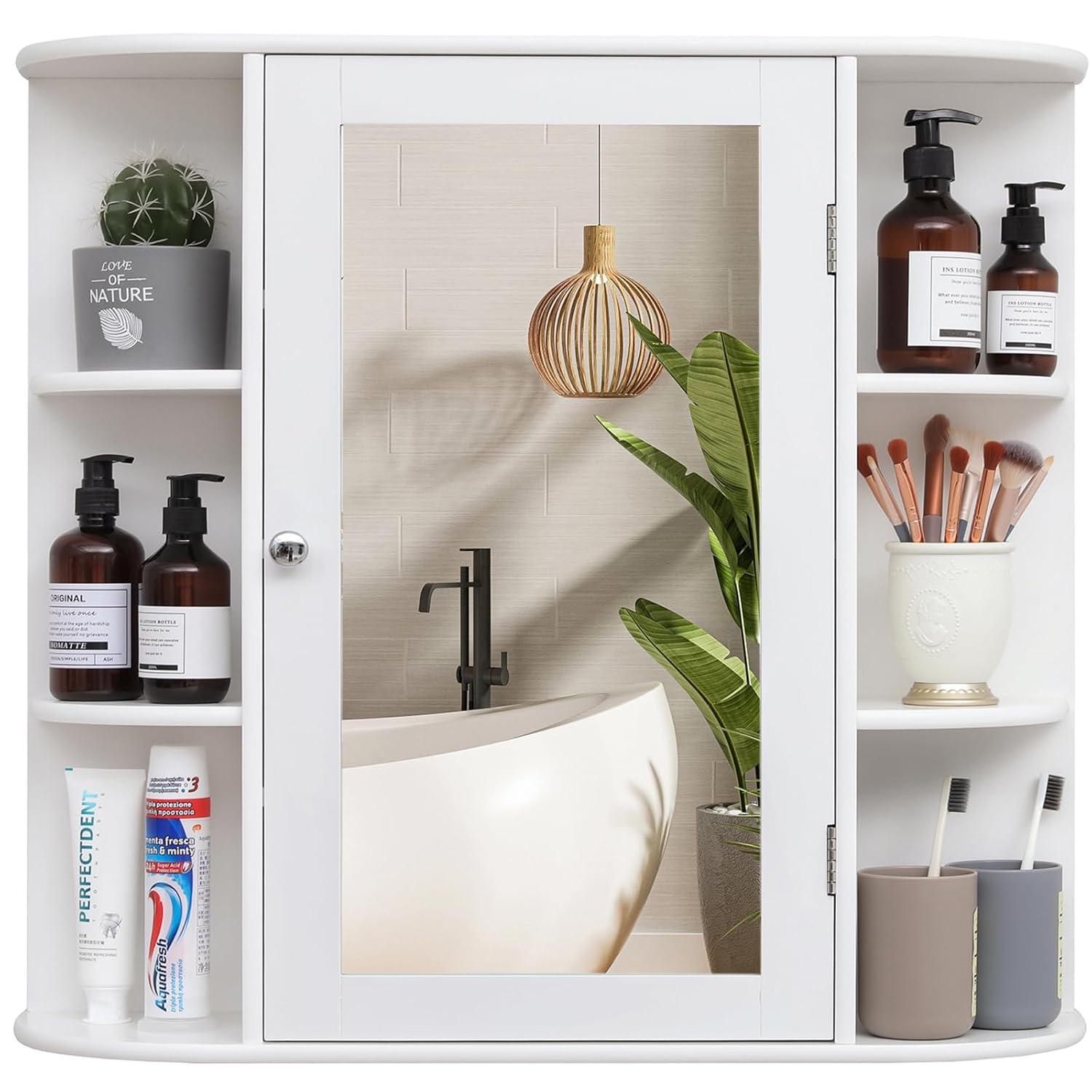 Wall Mounted Cabinet, Wood Hanging Cabinet with Doors and 6 Open Shelves for Placing Towels, Bathroom Wall Mirror Cabinet, White