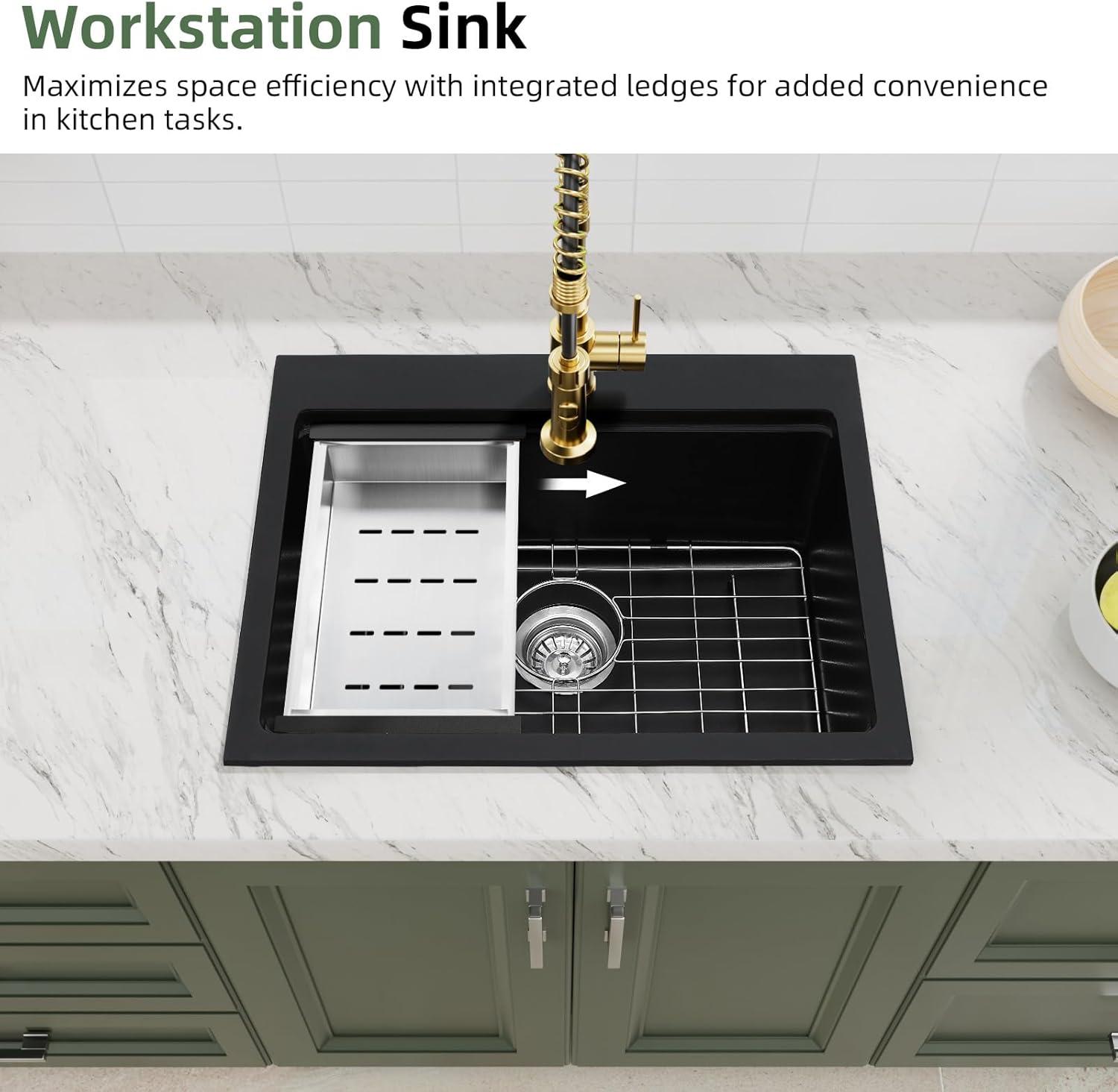 Davivy 33 Inch Black Granite Composite Kitchen Sink Workstation, 33 X 22 Quartz Composite Dual Mount Sink, Matte Black Composite Single Bowl Sink