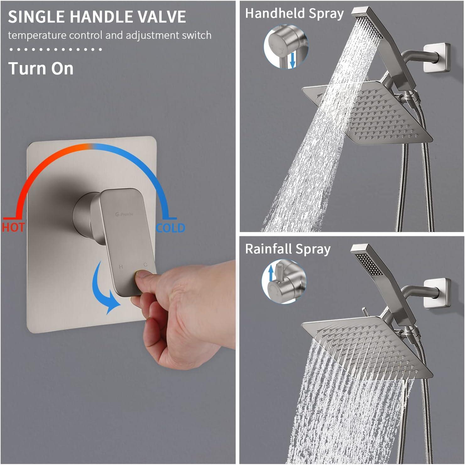 All Metal Shower Faucet Set, Dual Square Shower Head System with Handheld Wand & Rainfall Showerhead, Diverter, Hose Complete Combo, Pressure Balance Rough-in Valve Included