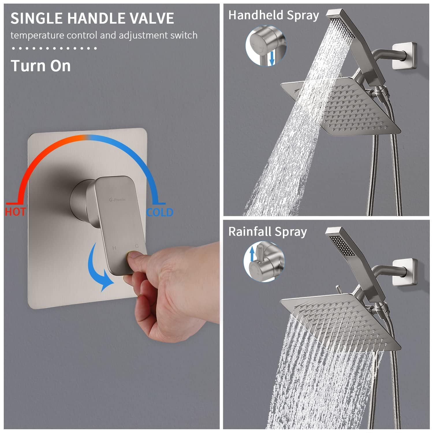 All Metal Shower Faucet Set, Dual Square Shower Head System with Handheld Wand & Rainfall Showerhead, Diverter, Hose Complete Combo, Pressure Balance Rough-in Valve Included
