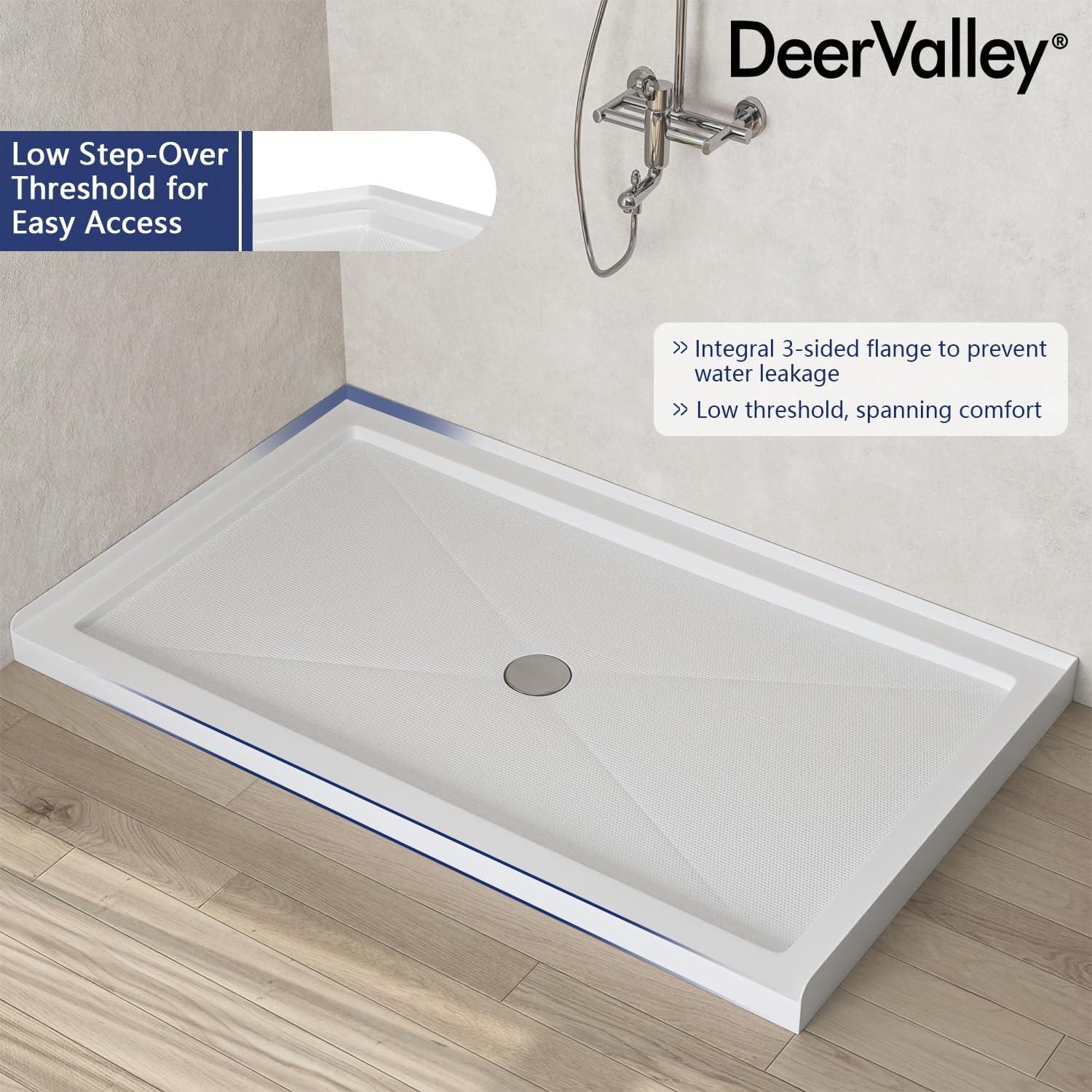 60''W Shower Base in White with Single Threshold Shower Pan, Non-slip Design