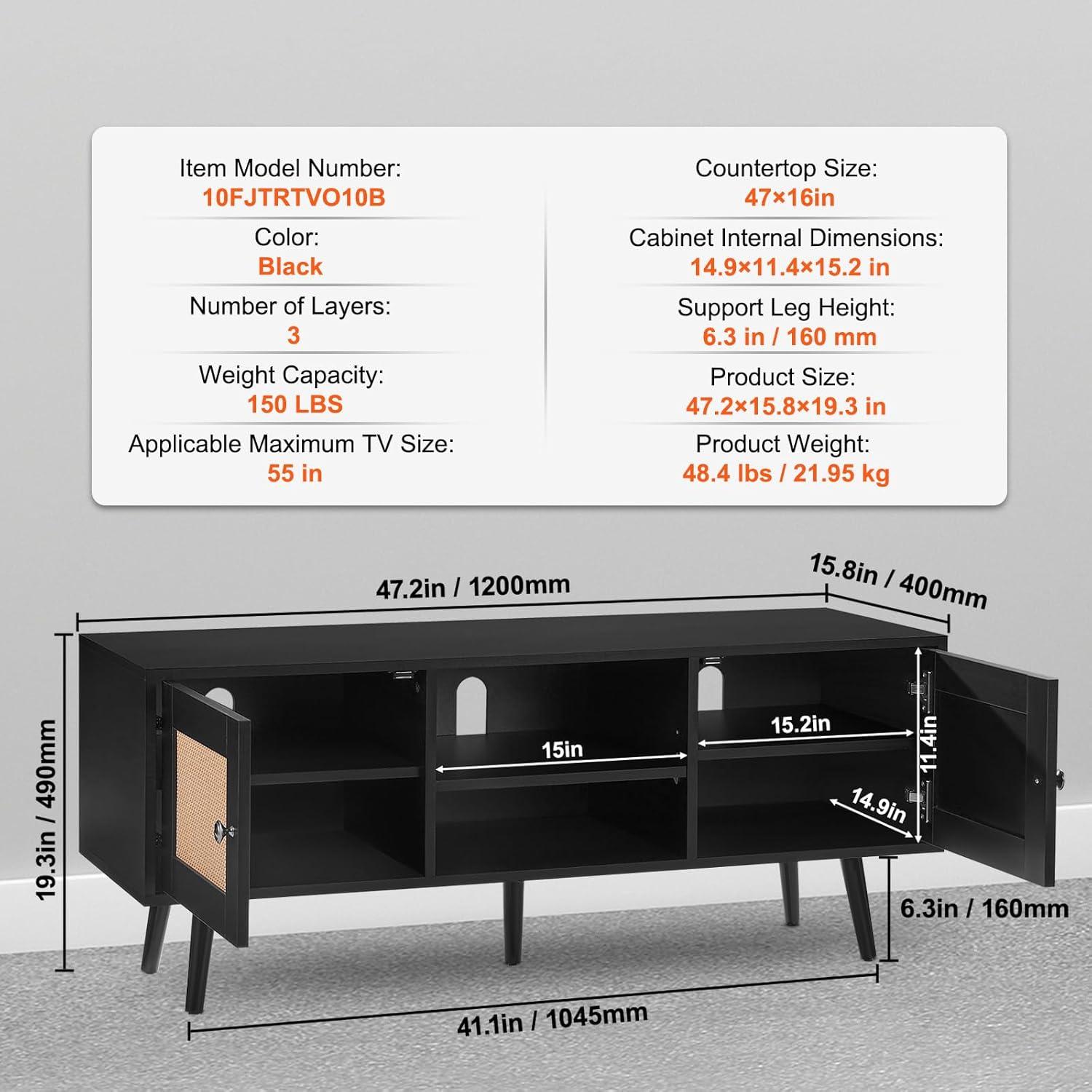 Rattan TV Stand, Boho TV Cabinet for 55 inch TV, Mid Century Modern TV Stand, Rattan TV Console with Adjustable Shelfs for Living Room, Media Room, Black