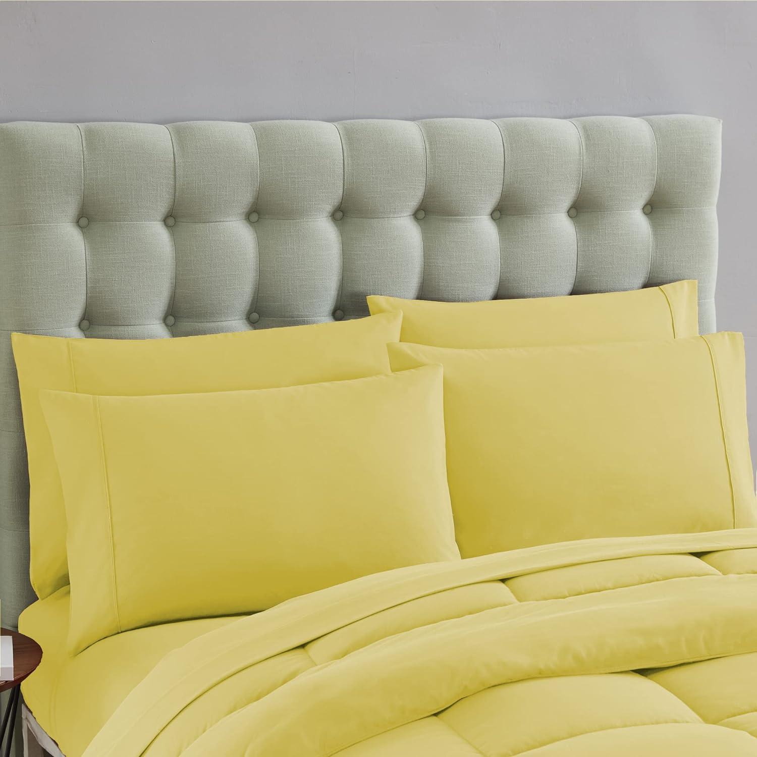 Bed-in-A-Bag Solid Color Comforter & Sheet Set Soft All Season Bedding, Twin XL, Yellow