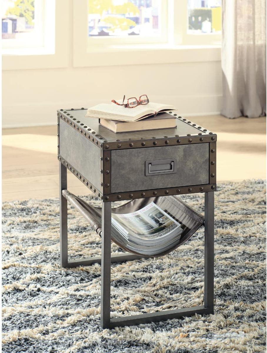 Modern Gray-Brown Chairside End Table with Metal Accents and Storage