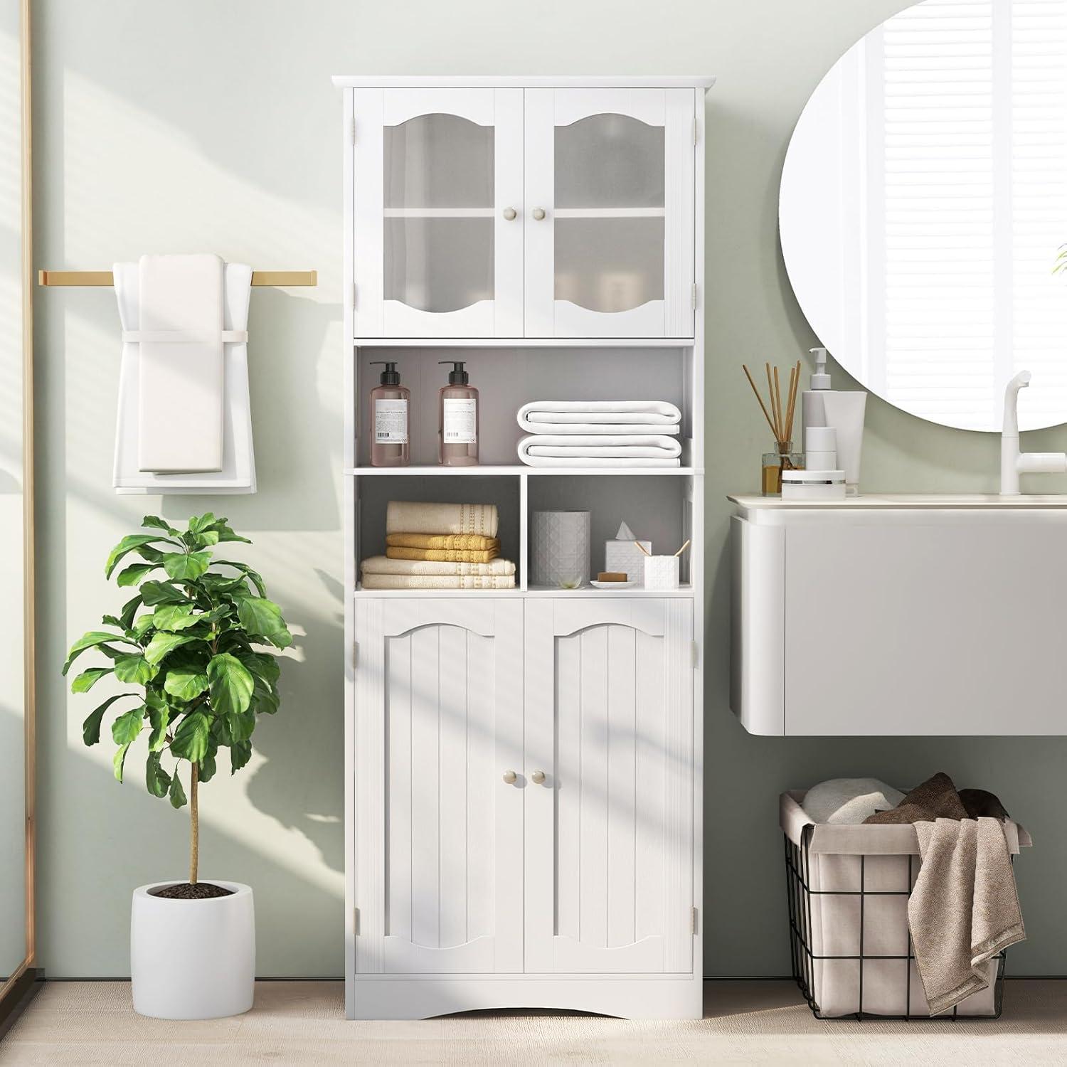 White Tall Freestanding Cabinet with Frosted Glass Doors and Adjustable Shelves