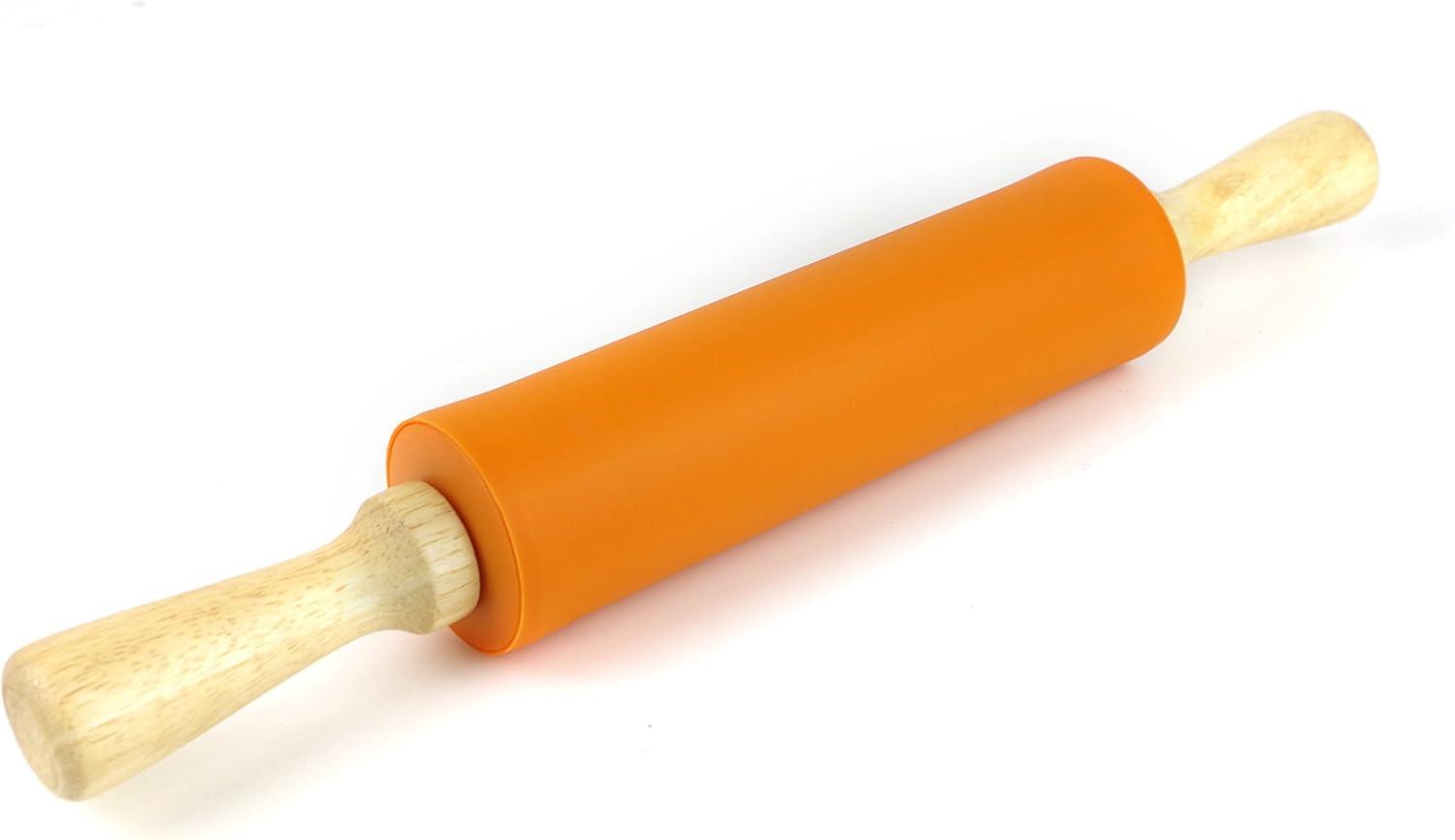 Compact Orange Silicone Rolling Pin with Wooden Handles