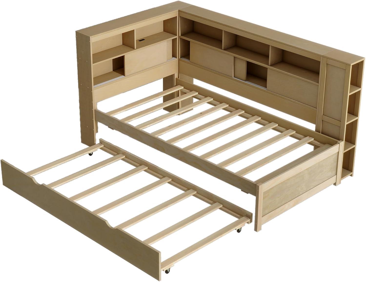 Harper & Bright Designs Twin Size Daybed with Trundle & Bookcase, Wood L-Shaped Daybed with Storage Headboard, USB Ports, Twin Platform Bed Frame with Storage Shelves for Bedroom Living Room, Natural