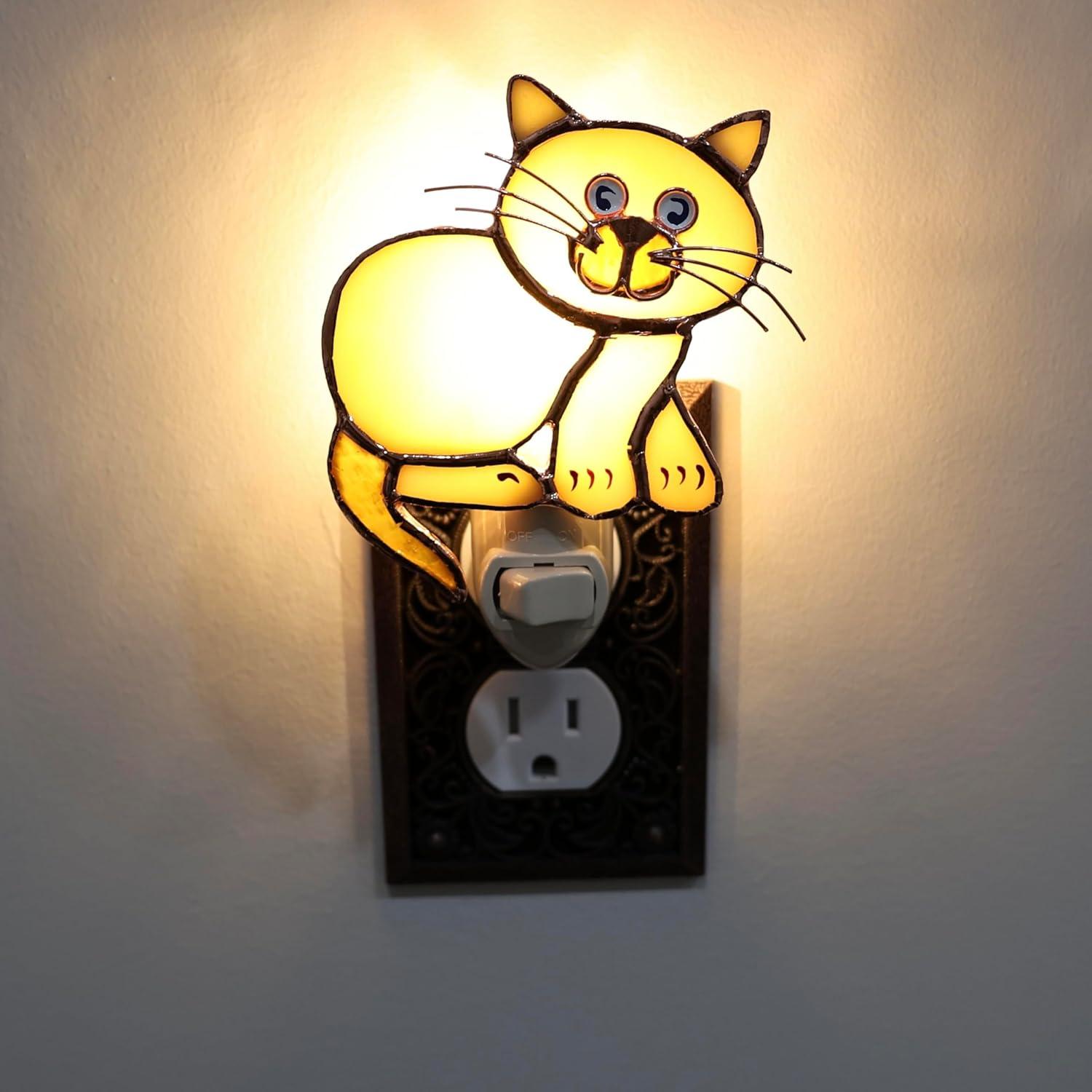 Handcrafted Tan Stained Glass Cat Night Light with Switch