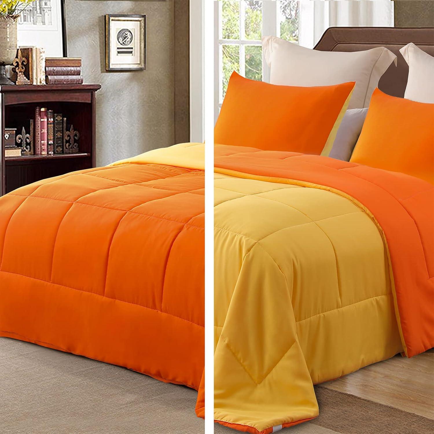 Exclusivo Mezcla Lightweight Reversible 3-Piece Comforter Set All Seasons, Down Alternative Comforter with 2 Pillow Shams, Queen Size, Orange/ Yellow