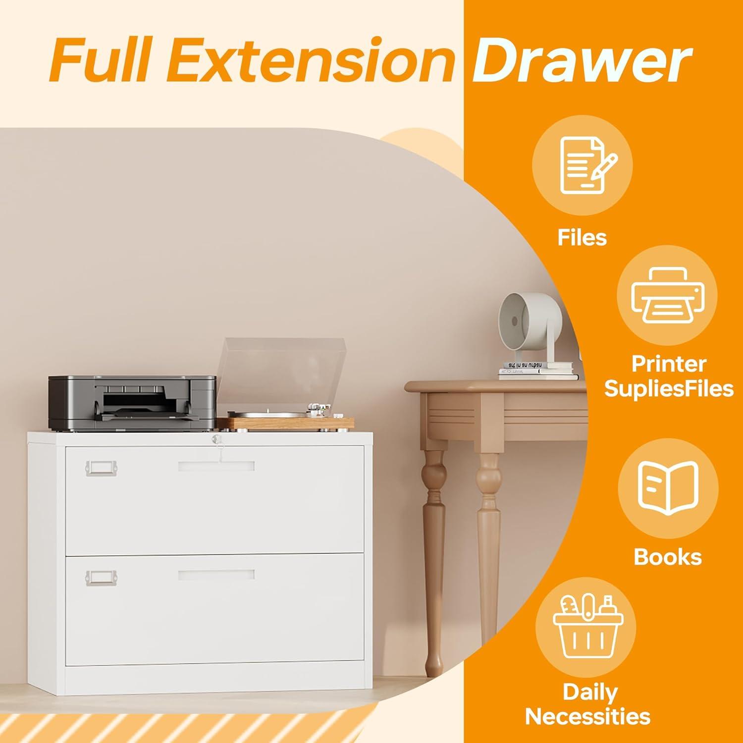 2 Drawer Lateral File Cabinet with Lock Metal Filing Cabinet Steel Wide File Cabinets with Anti-tilt Mechanism for Home Office/Legal/Letter/A4/F4 Size Hanging Files Assembly Required White