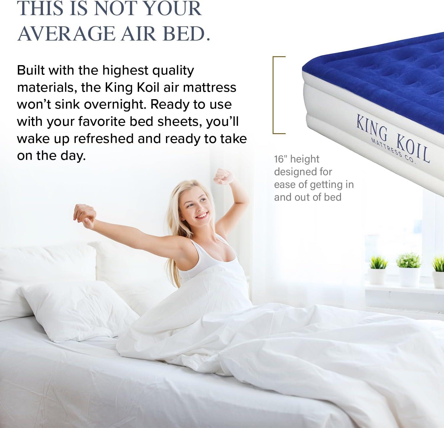 King Koil 16" White and Blue Raised Air Mattress with Built-in Pump