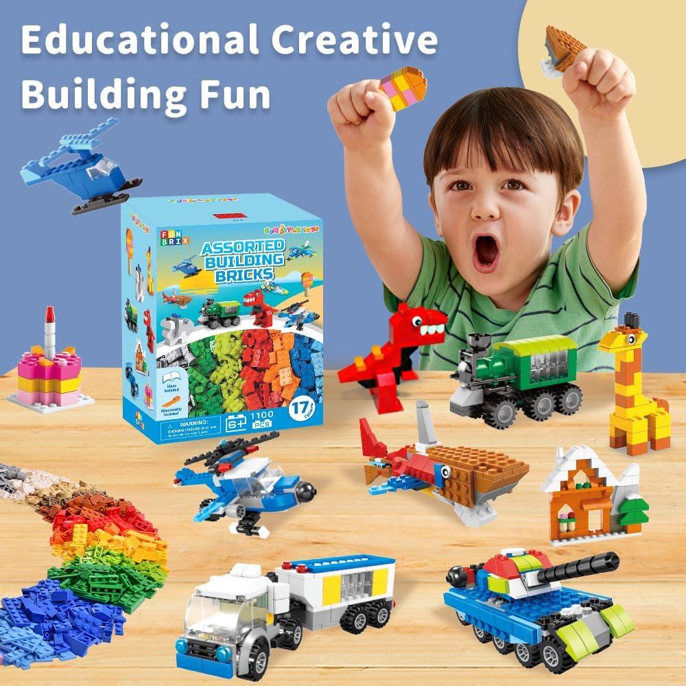 Fun Little Toys 1100 Pcs Building Bricks, 17 Colors & 147 Mixed Shapes, Compatible with Major Brands STEM Toy Set for Kids 3-12